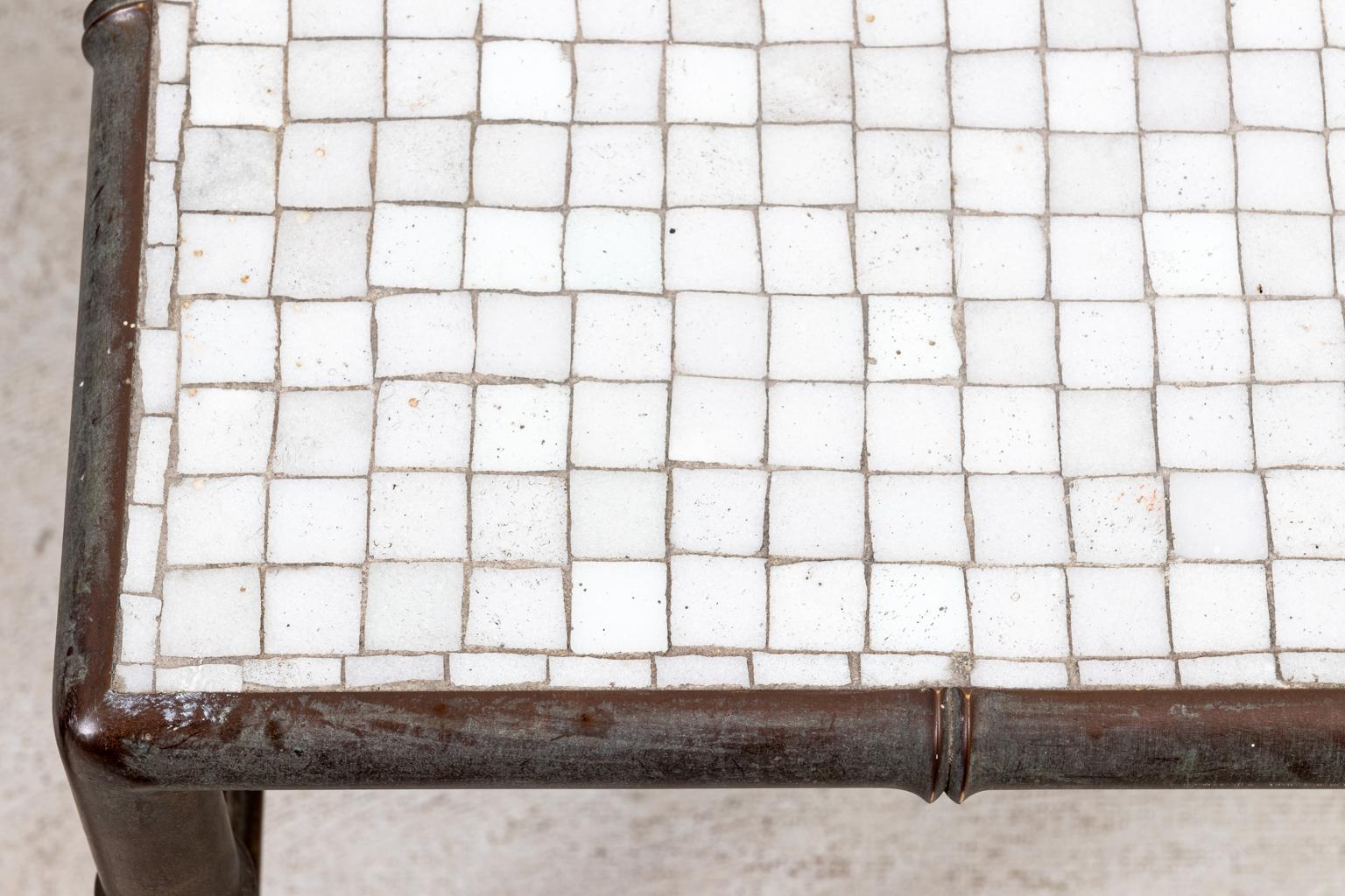 Mid-Century Modern Pair of Bronze Faux Bamboo Low Tables with Glass Mosaic Tops