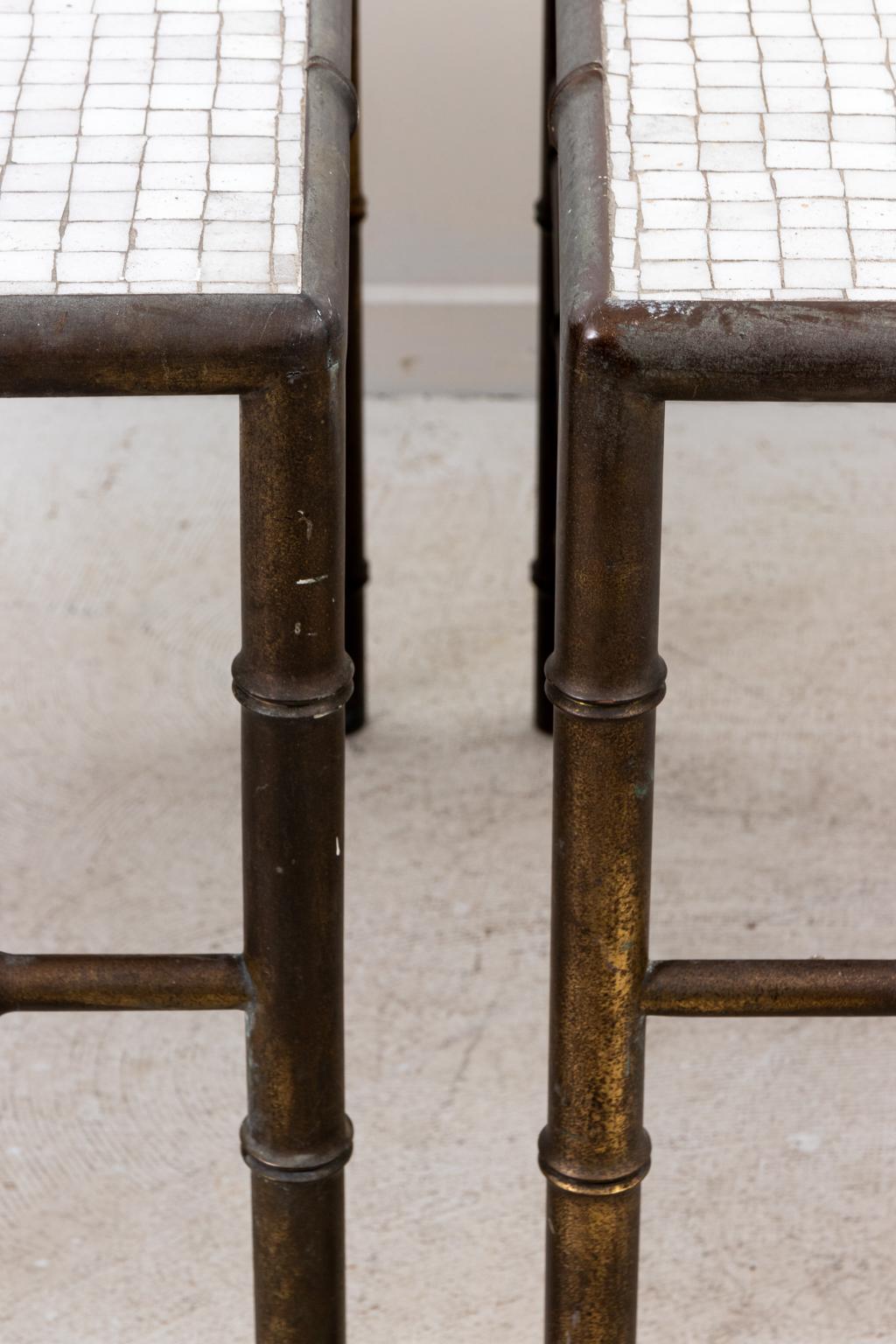 Pair of Bronze Faux Bamboo Low Tables with Glass Mosaic Tops In Good Condition In Stamford, CT