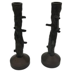 Paar Bronze-Kerzenhalter aus Faux Bois, Frankreich, um 1970