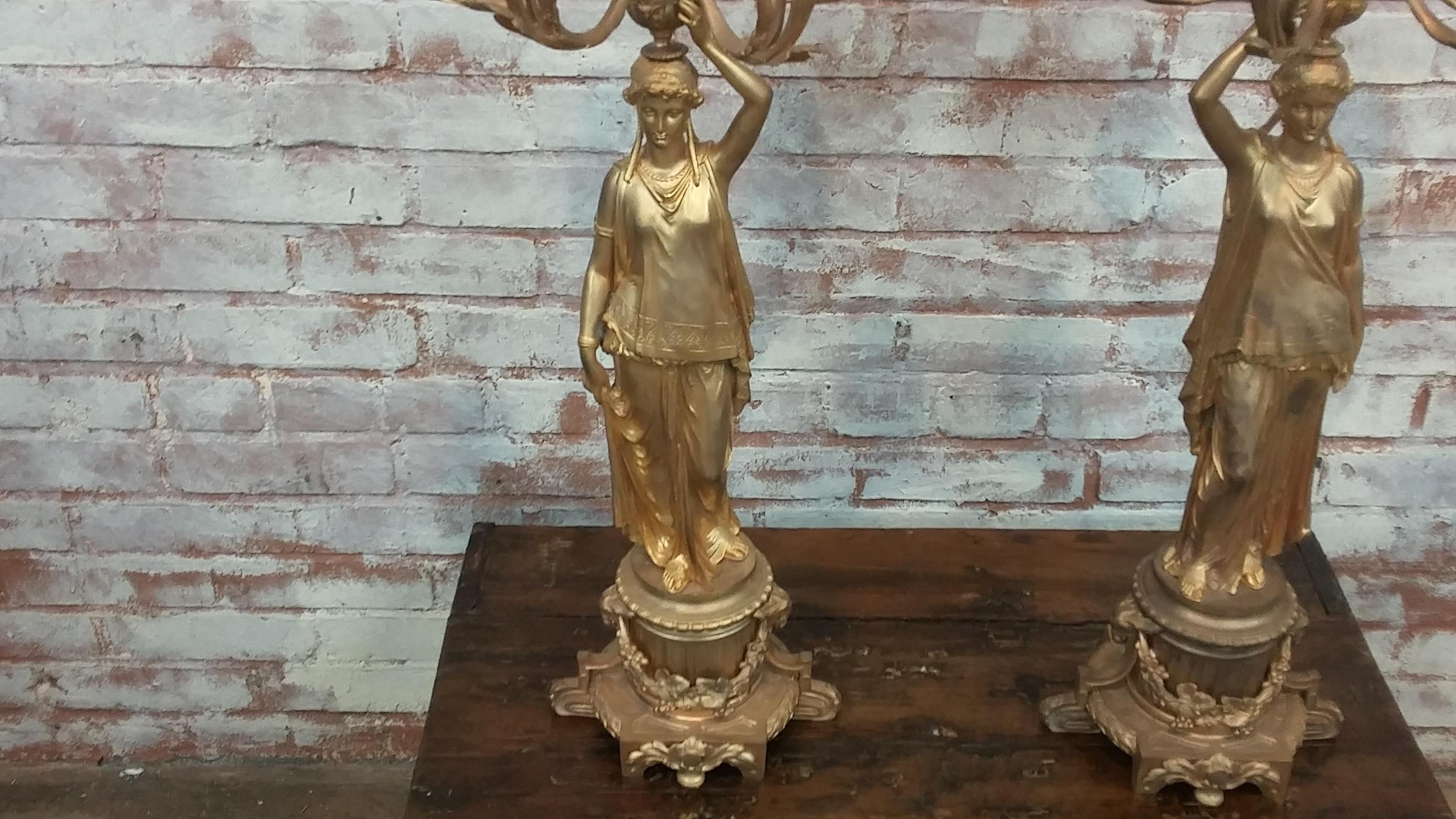 Egyptian Pair of Bronze Figural Candelabras with Victorian Women