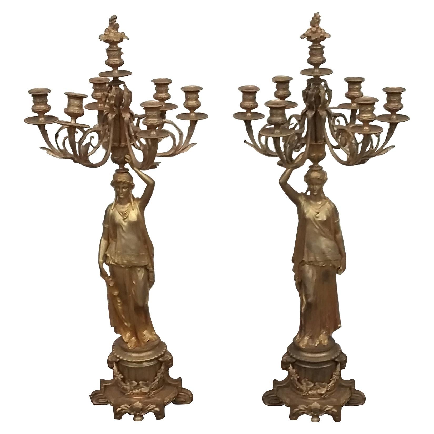Pair of Bronze Figural Candelabras with Victorian Women