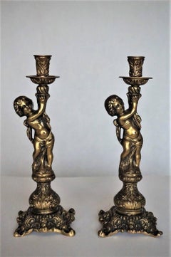 Pair of Bronze Figural Candlesticks, Putti Candleholders