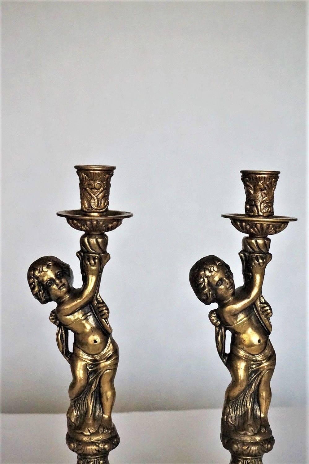 Art Nouveau Pair of Bronze Figural Candlesticks, Putti Candleholders
