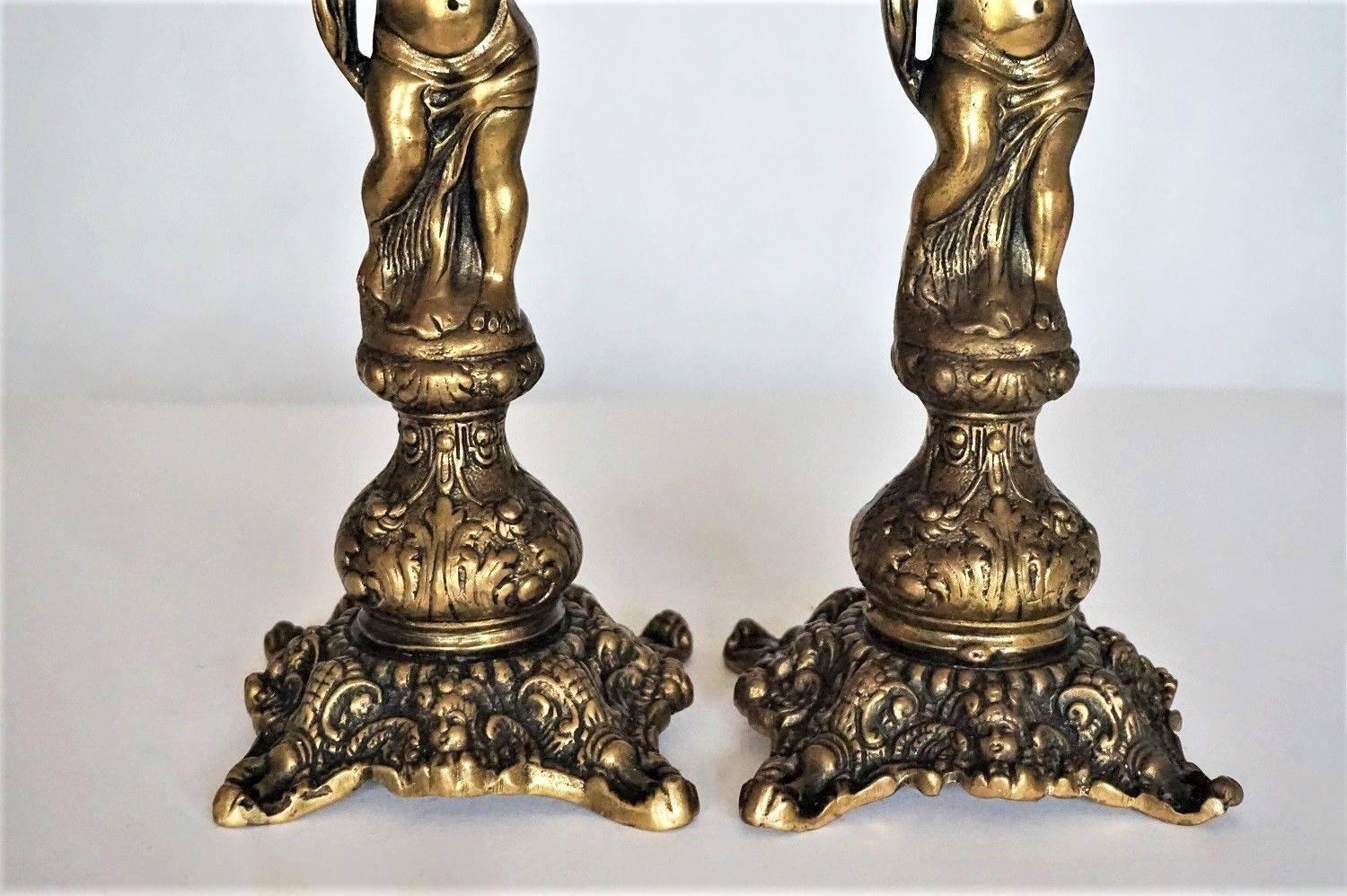 Spanish Pair of Bronze Figural Candlesticks, Putti Candleholders