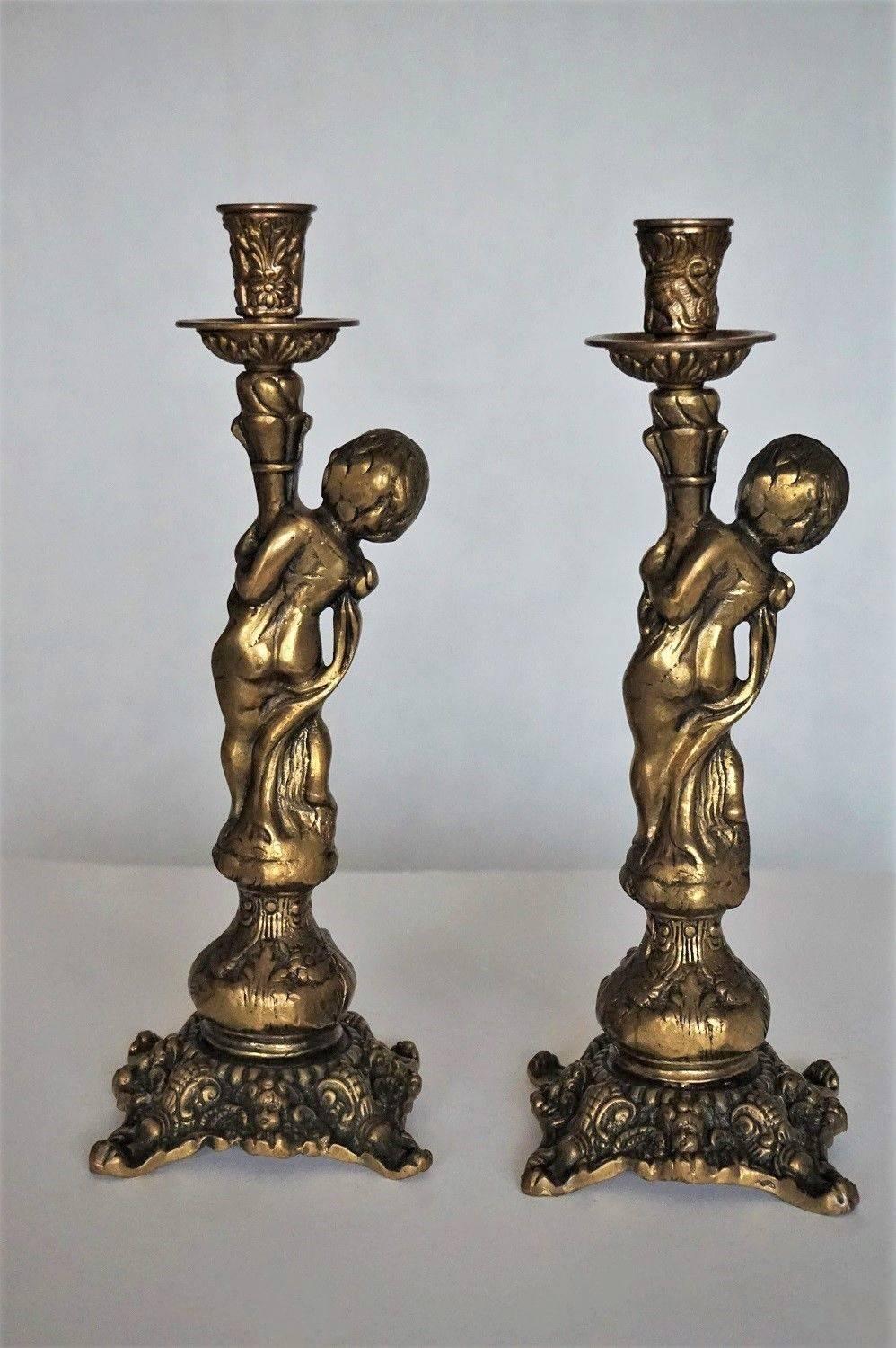 Pair of Bronze Figural Candlesticks, Putti Candleholders In Good Condition In Frankfurt am Main, DE