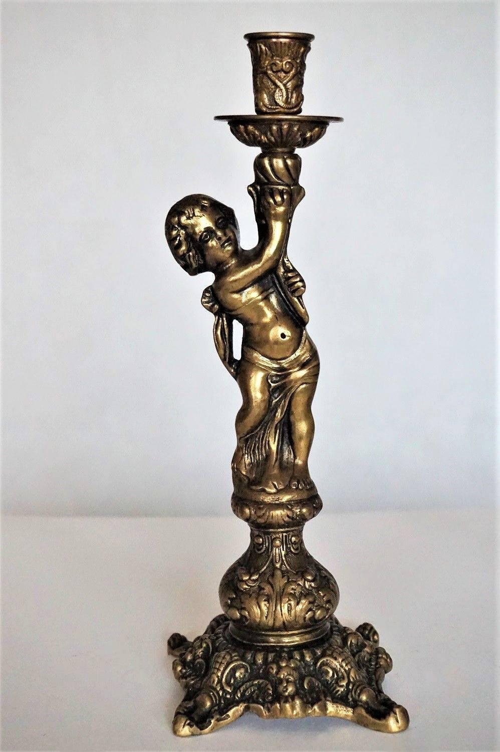 20th Century Pair of Bronze Figural Candlesticks, Putti Candleholders