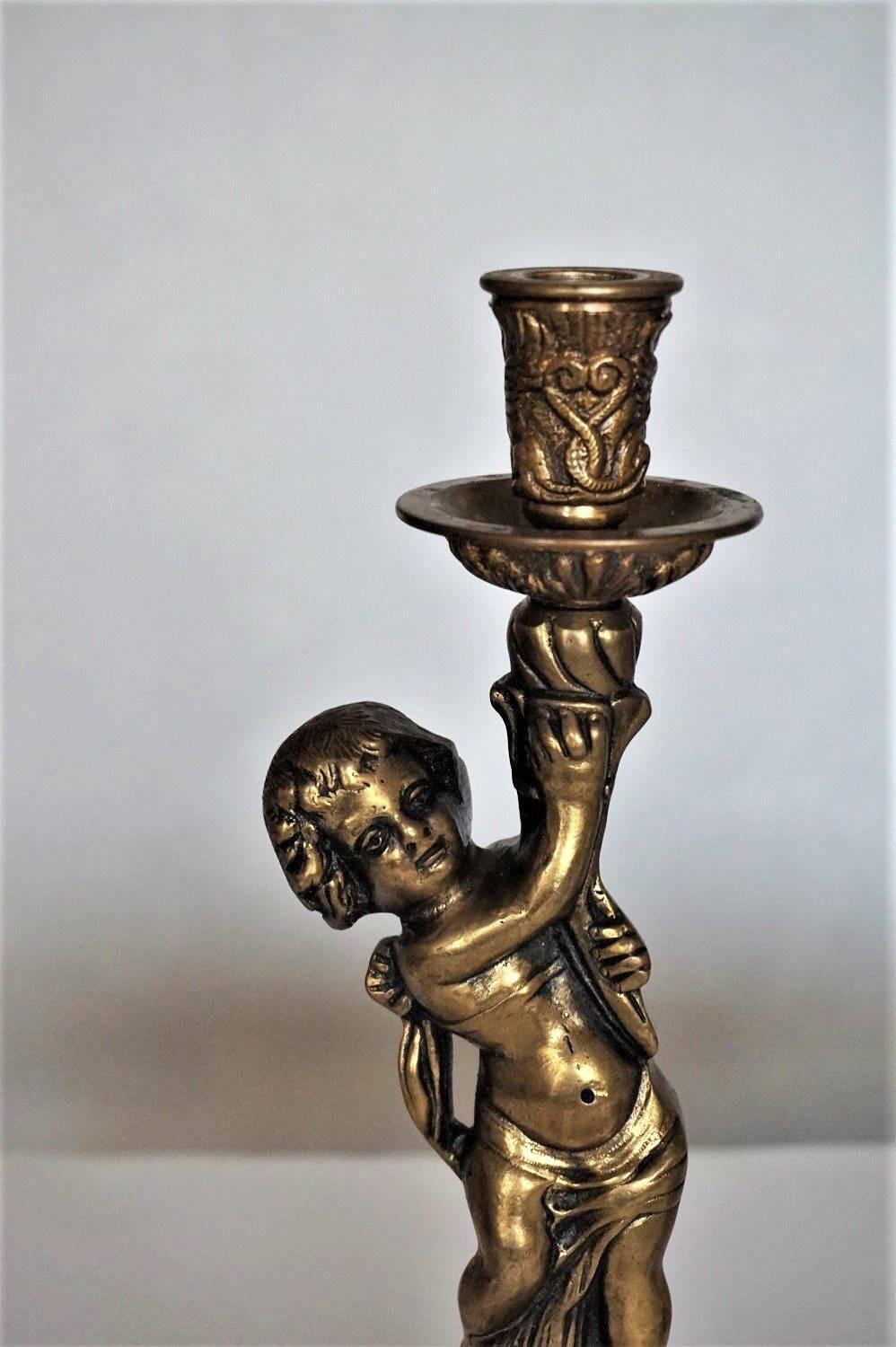 Pair of Bronze Figural Candlesticks, Putti Candleholders 1