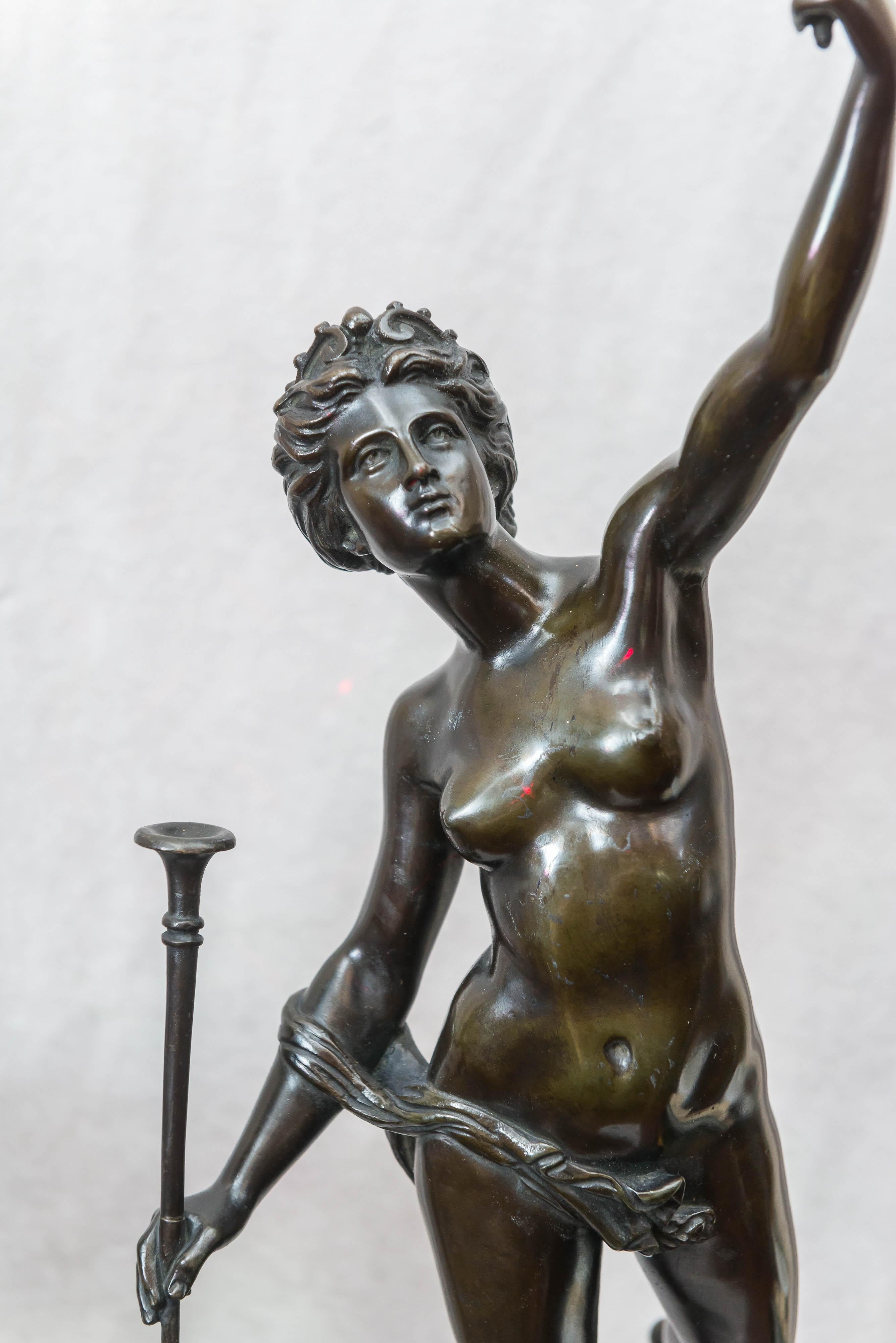 Here we have a finely cast and richly patinated example of Mercury and Fortuna. These can come in various sizes, ad at 36'' high, we have a larger pair than the usual. These were originally made by the artist Giambologna, and were done in the 16th