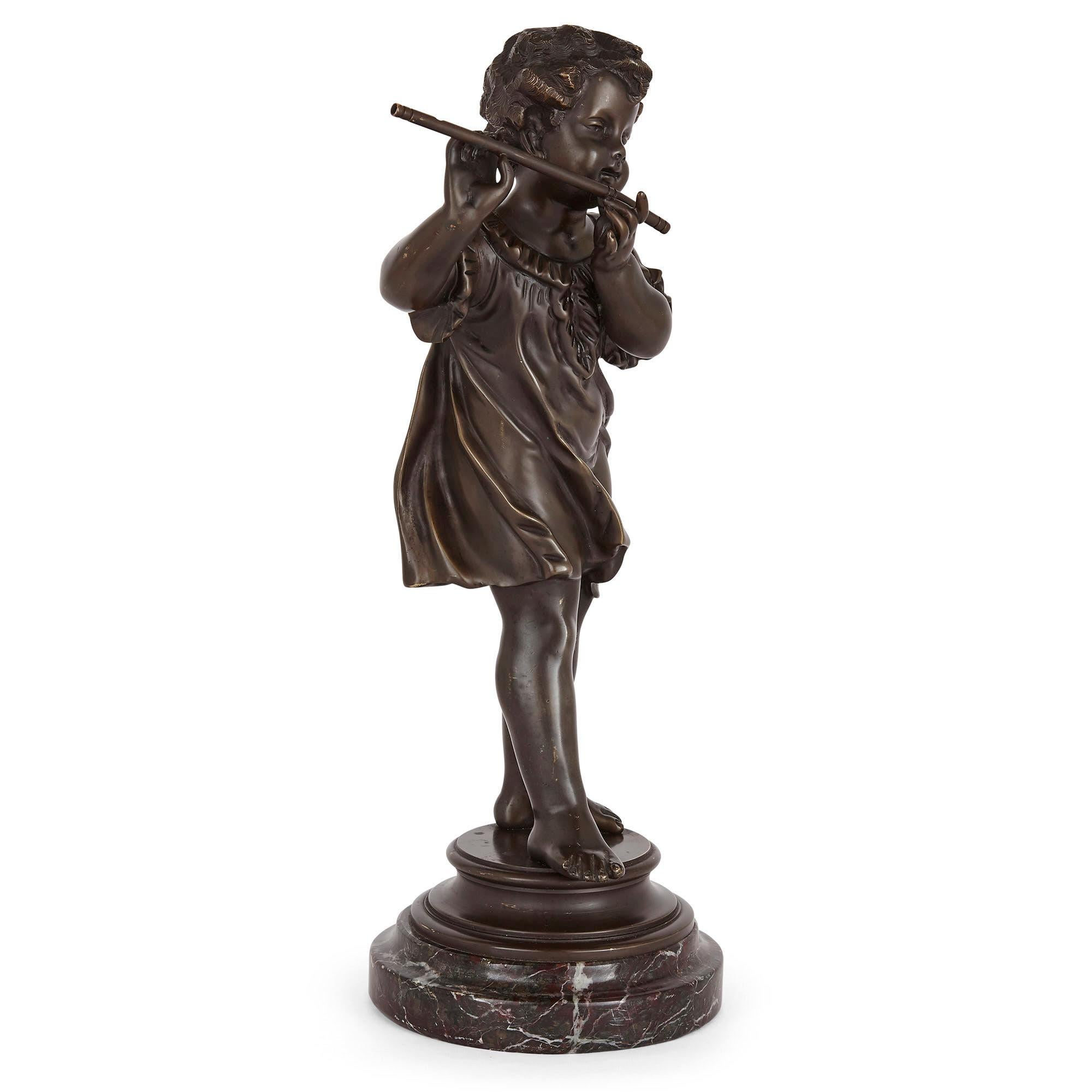 Belgian Pair of Bronze Figures of Children Playing Music by Rousseau