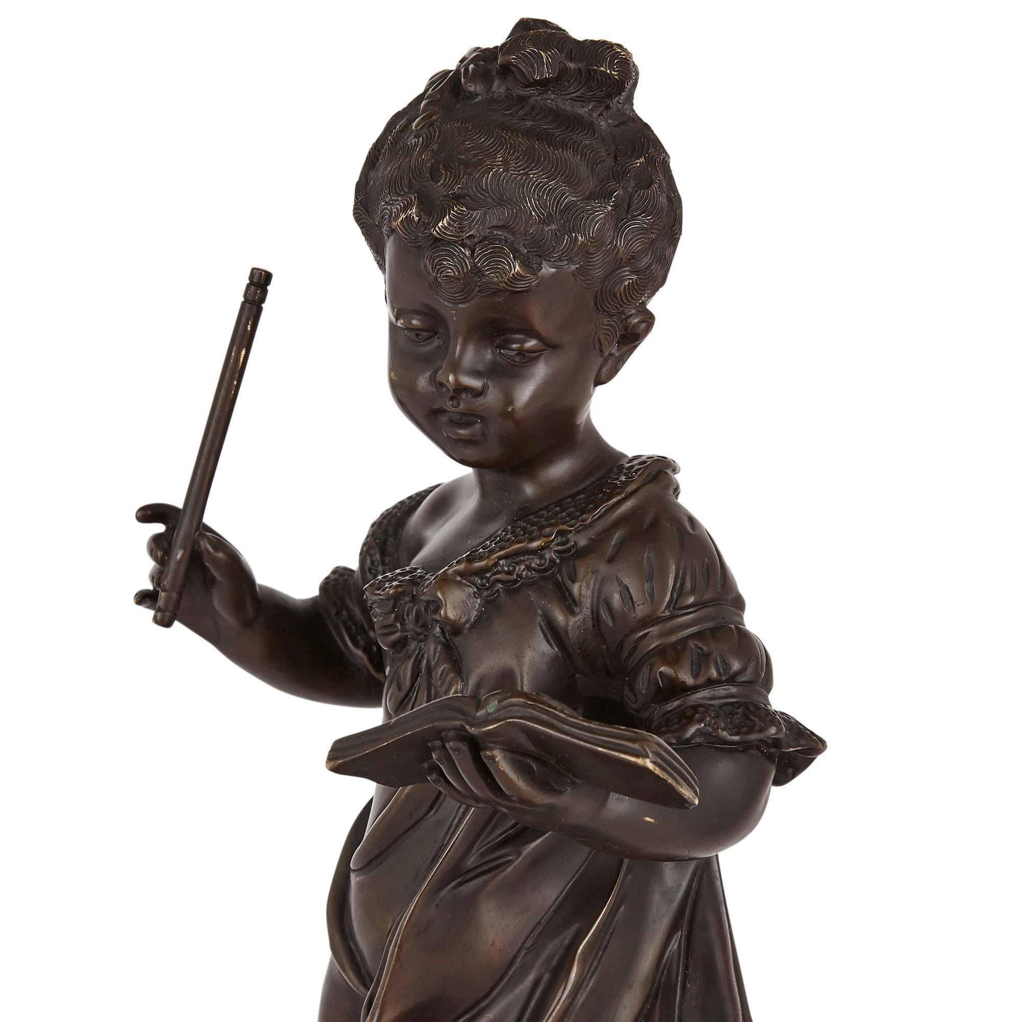 Patinated Pair of Bronze Figures of Children Playing Music by Rousseau