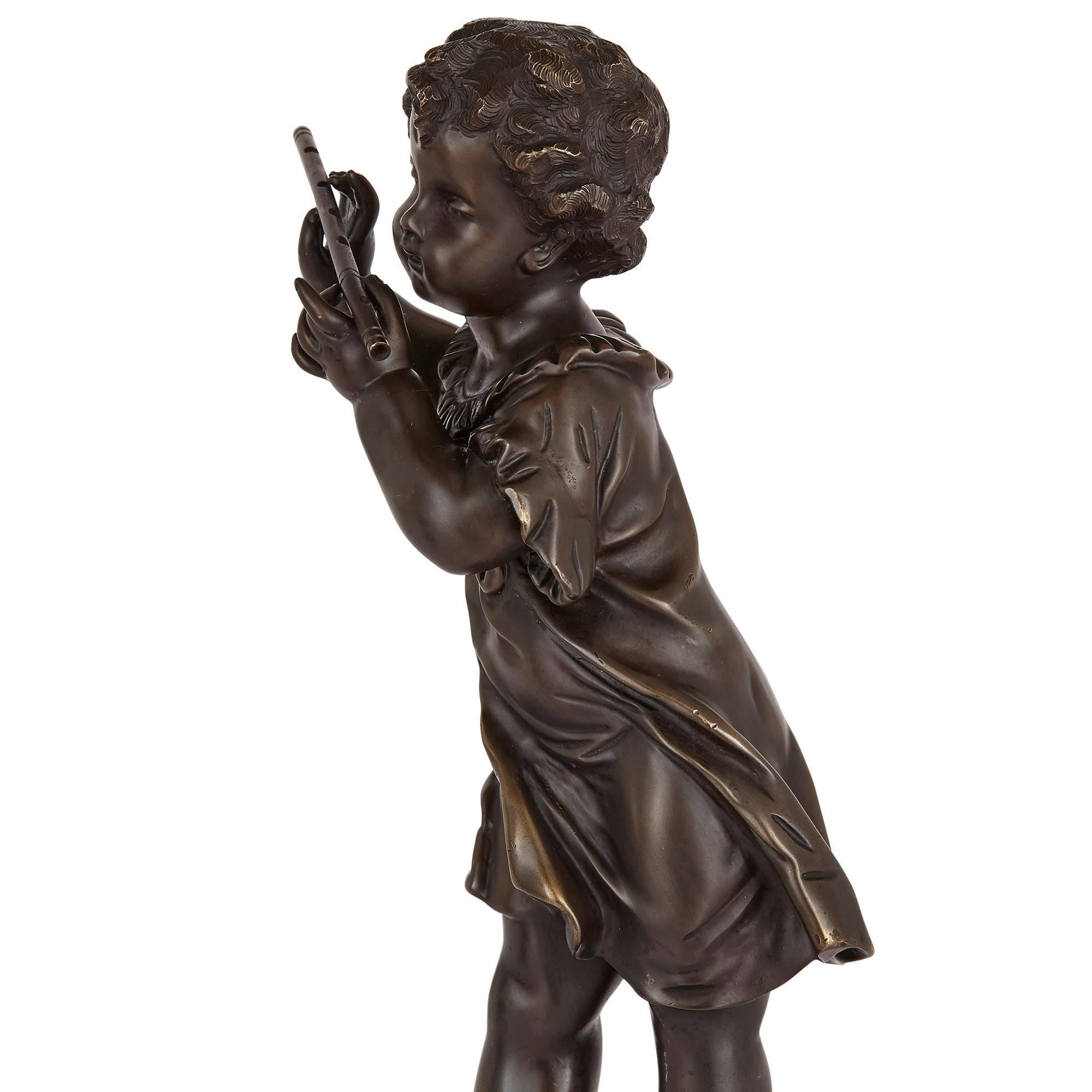 Pair of Bronze Figures of Children Playing Music by Rousseau In Good Condition In London, GB