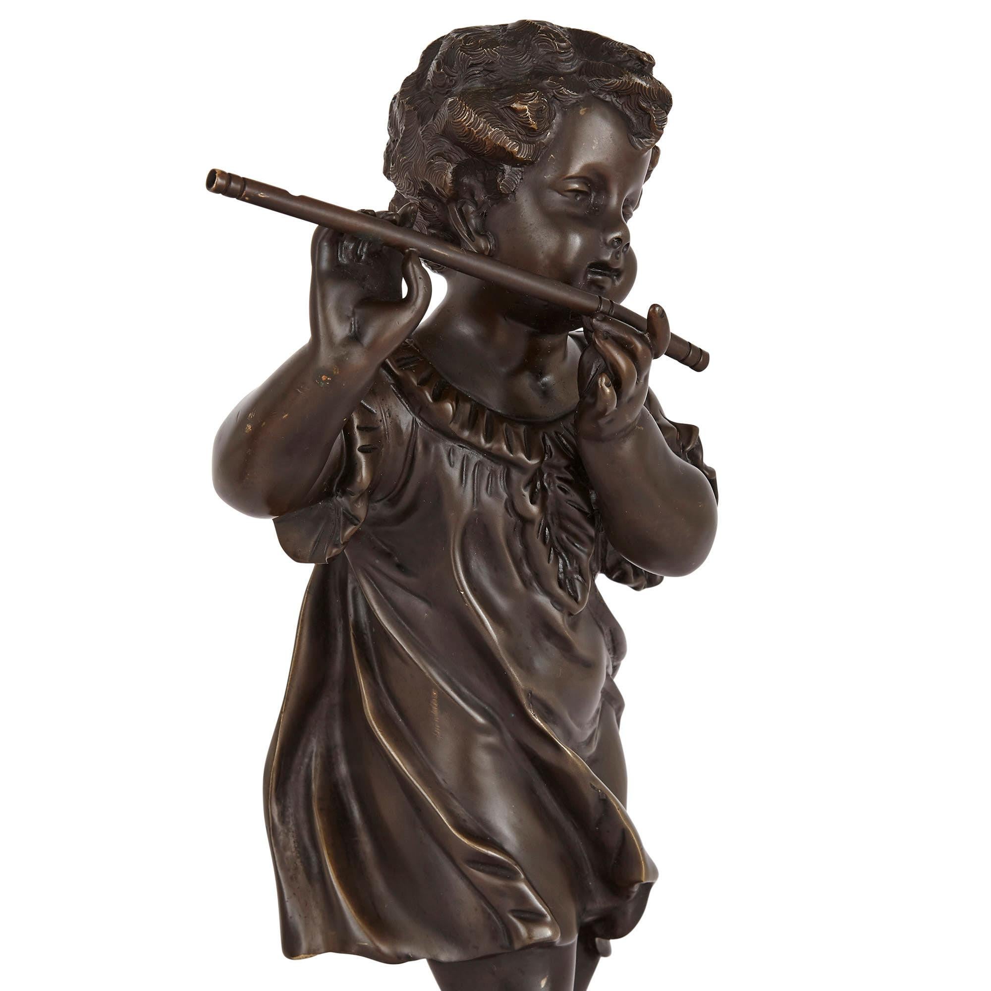 20th Century Pair of Bronze Figures of Children Playing Music by Rousseau