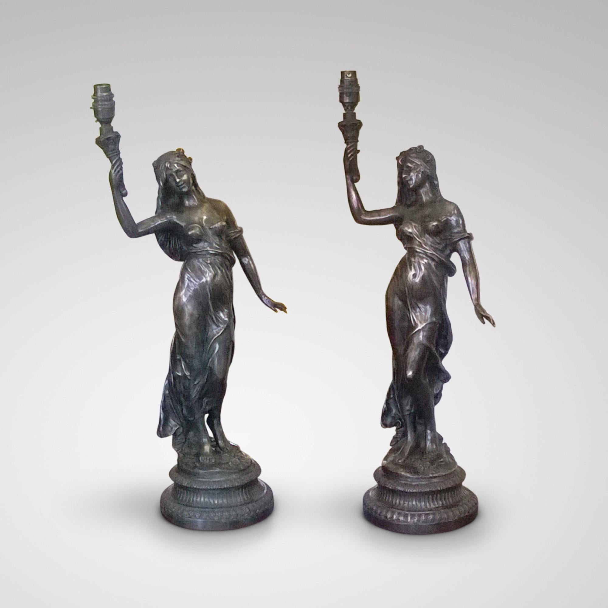 Pair of bronze figurines by Auguste Moreau 1834-1917 (College des Beaux Artes) of the Belle Époque Period, adapted to electric lamps.
