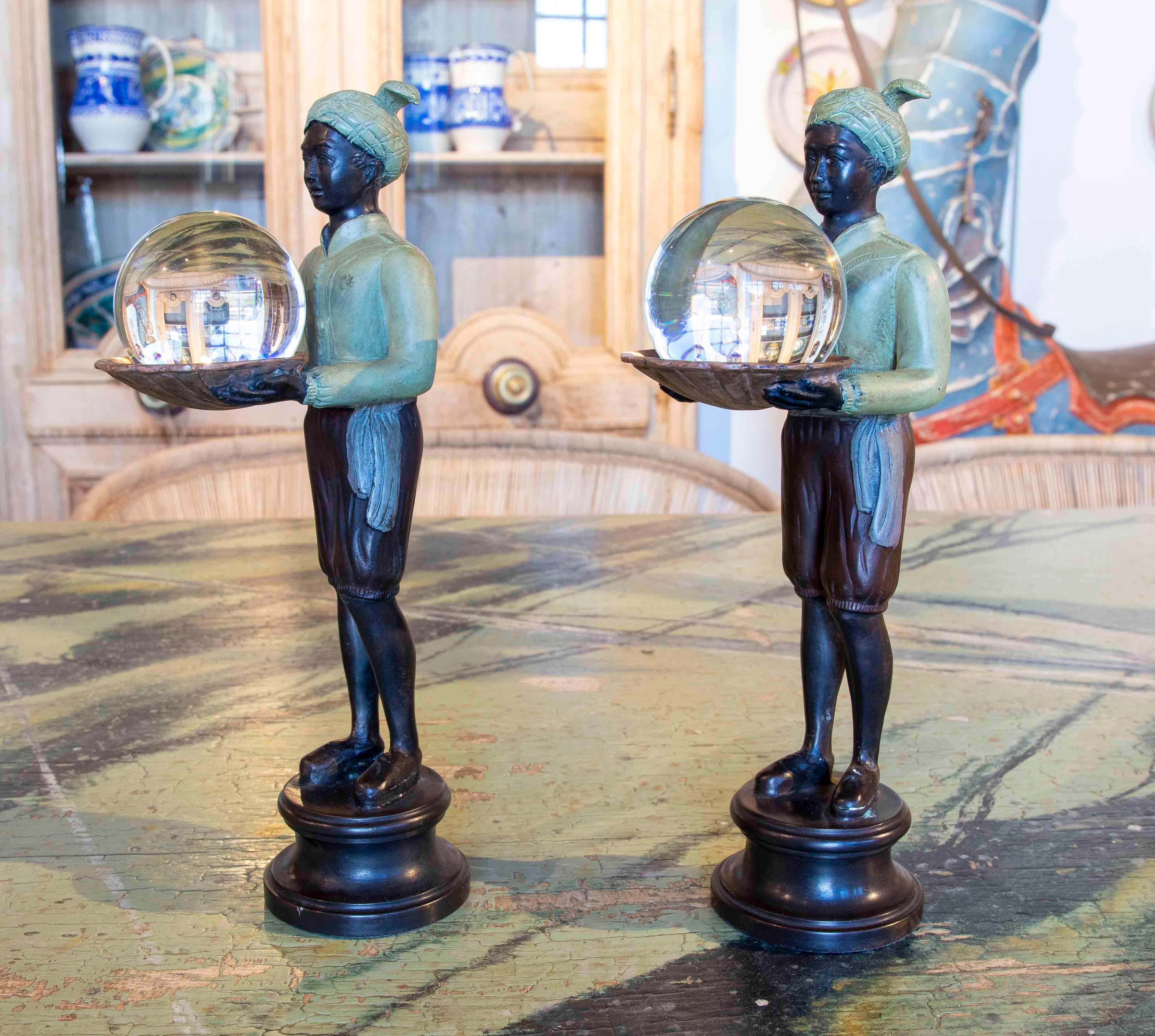 Spanish Pair of Bronze Figurines of Characters with Tray and Crystal Ball