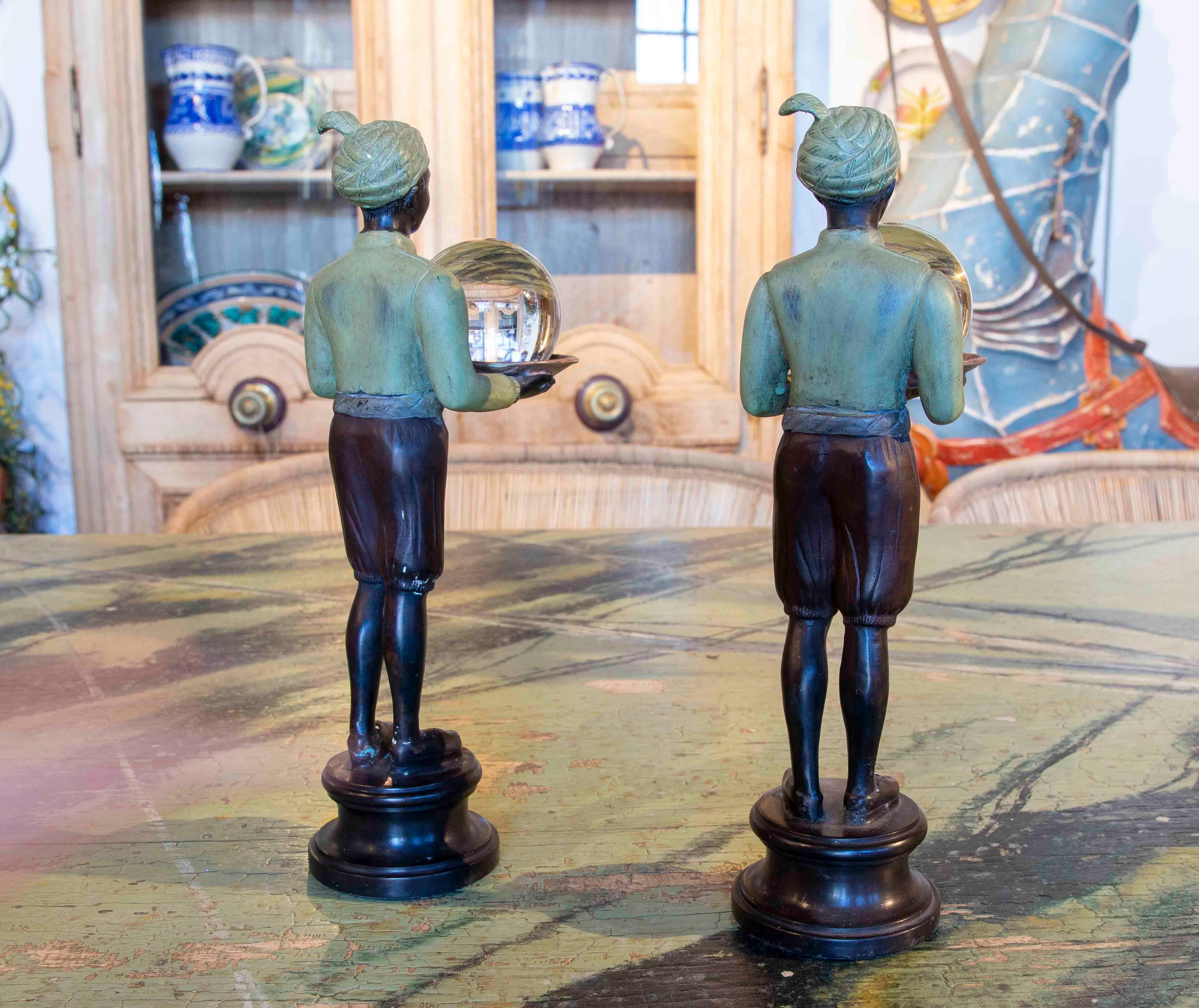 20th Century Pair of Bronze Figurines of Characters with Tray and Crystal Ball