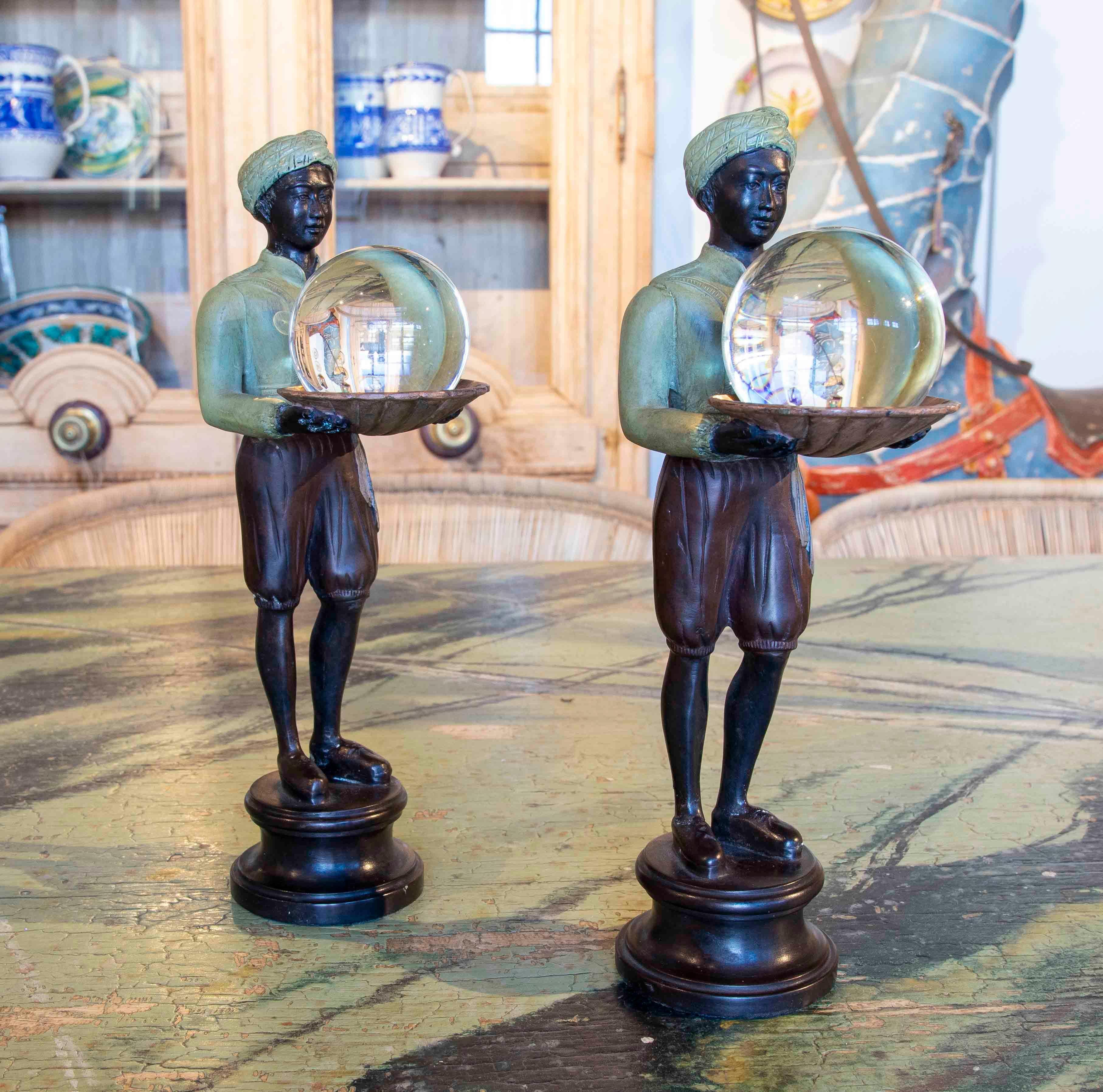 Pair of Bronze Figurines of Characters with Tray and Crystal Ball 2