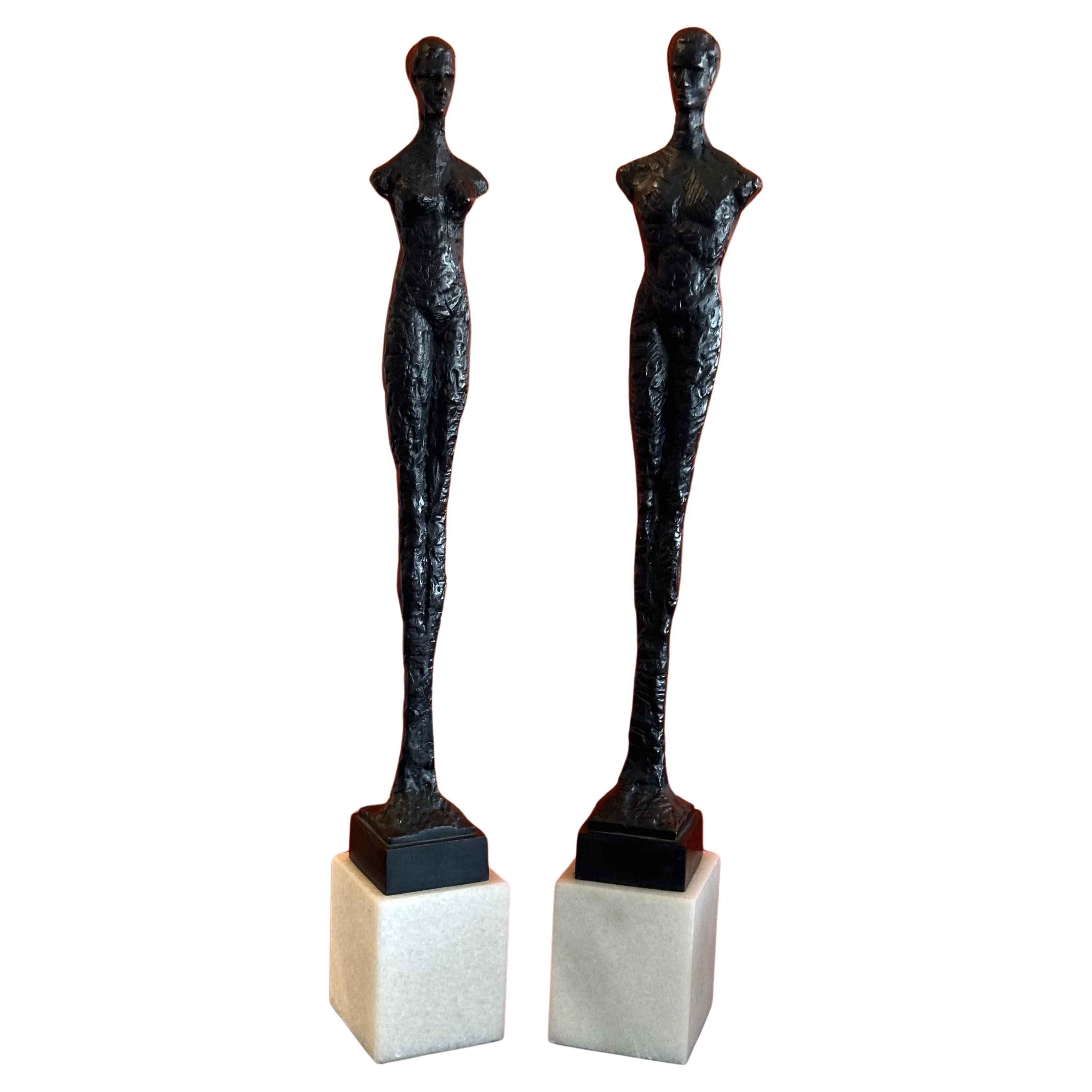 Modern Pair of Bronze Figurines on Marble in the Style of Alberto Giacometti
