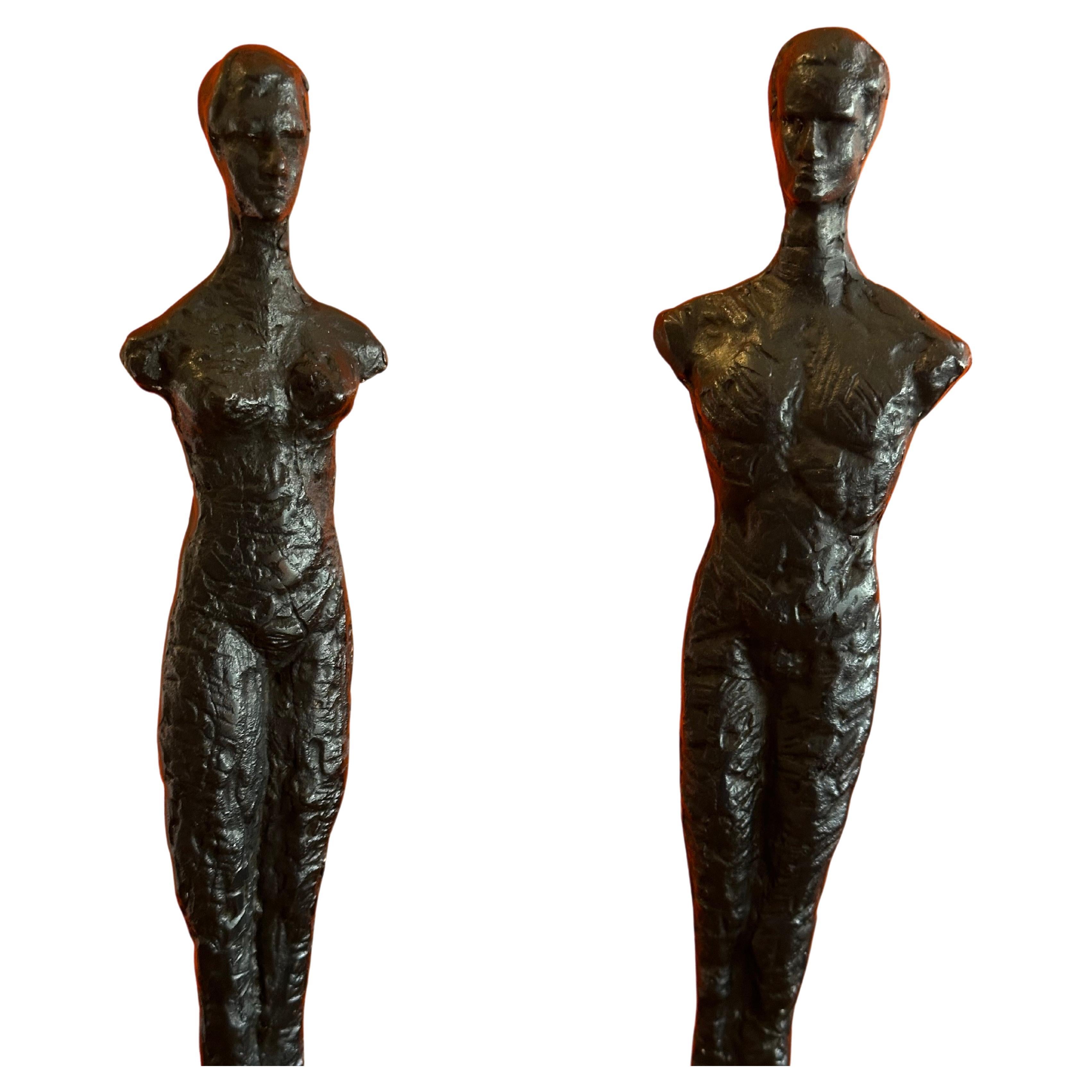American Pair of Bronze Figurines on Marble in the Style of Alberto Giacometti