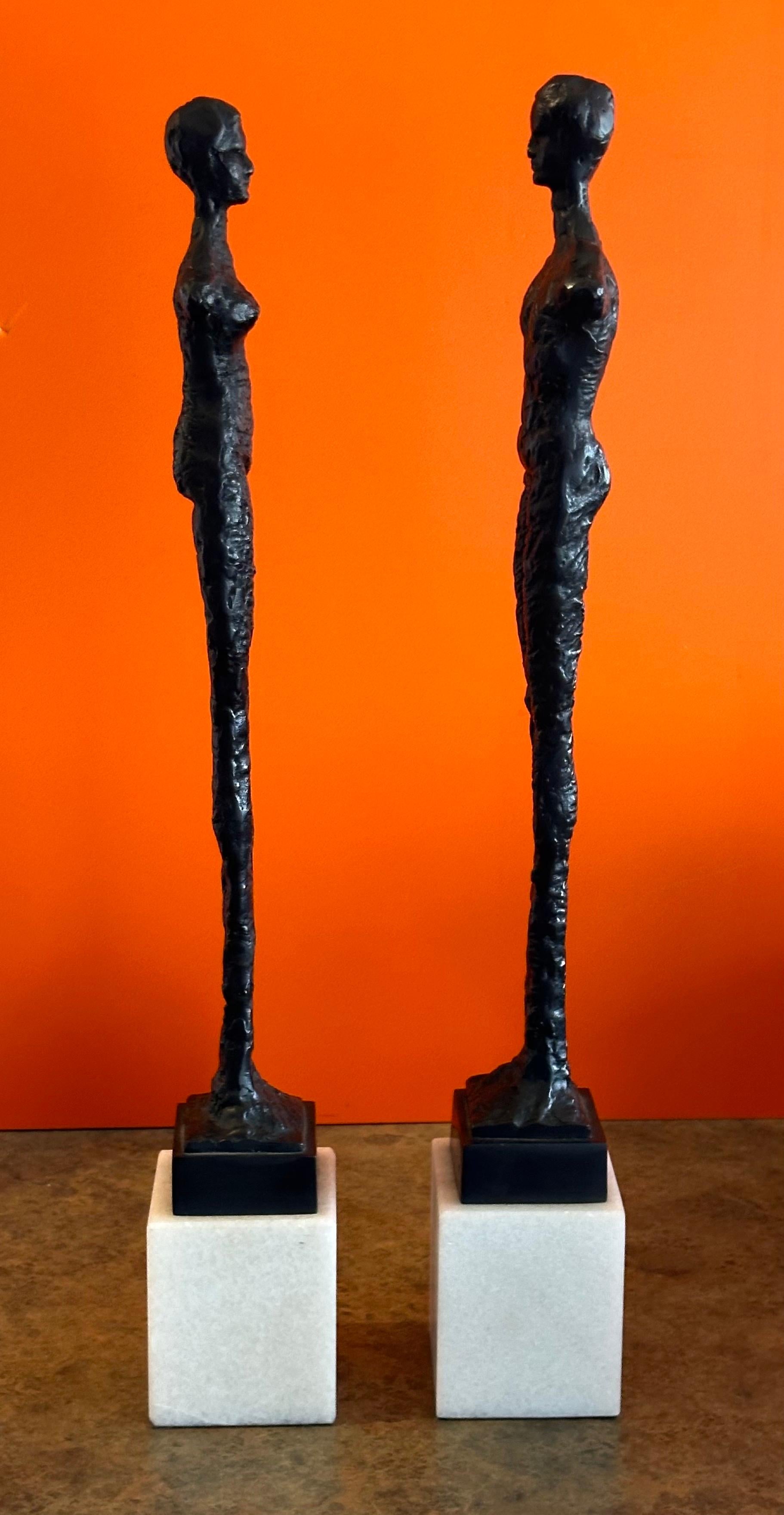 Pair of Bronze Figurines on Marble in the Style of Alberto Giacometti In Good Condition In San Diego, CA