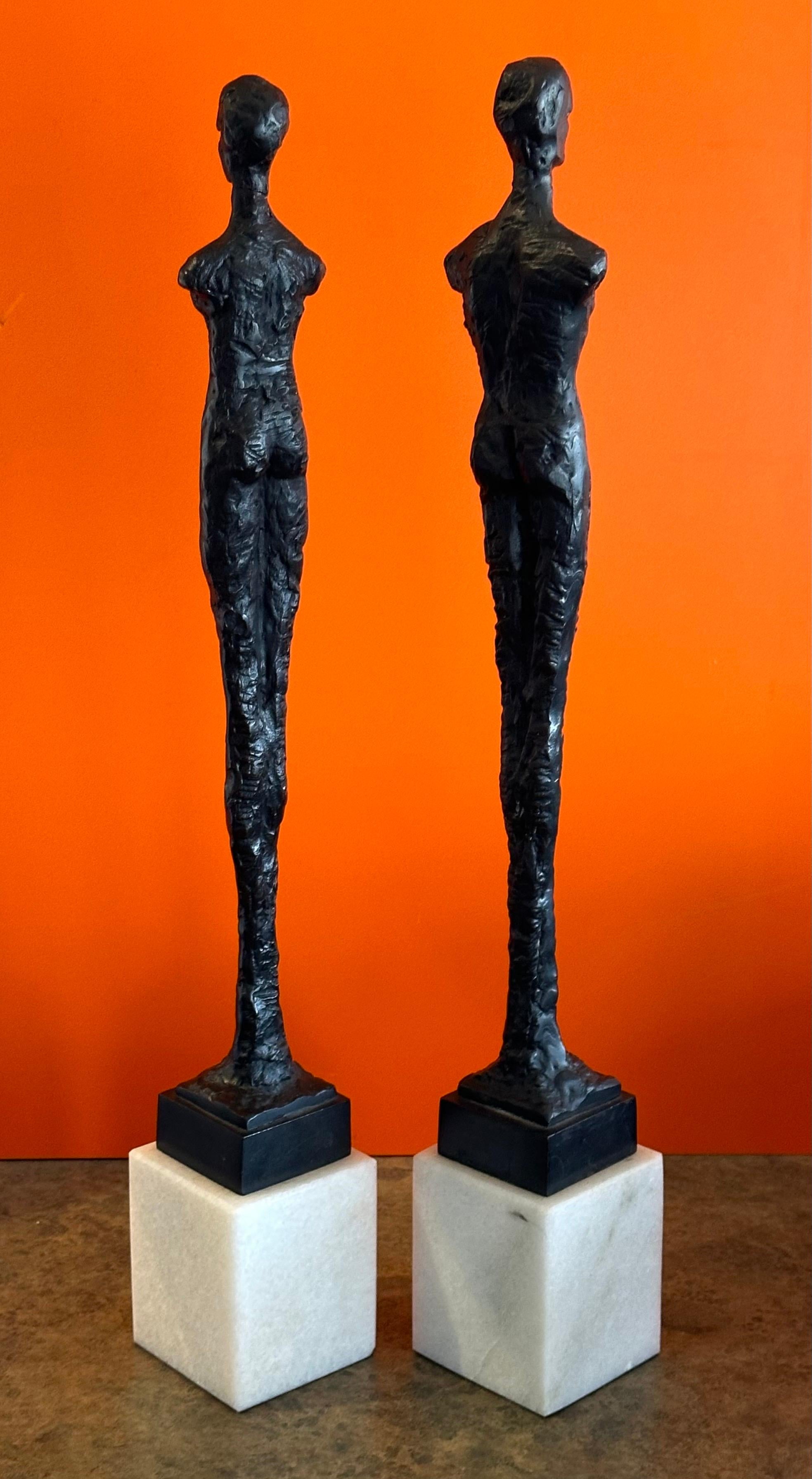 Pair of Bronze Figurines on Marble in the Style of Alberto Giacometti 1