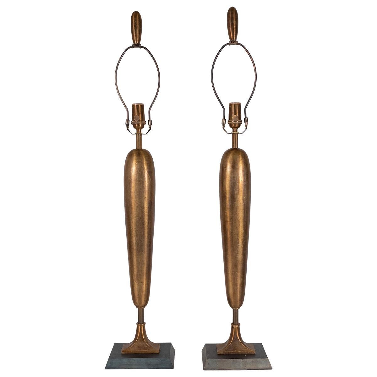 Pair of brass Deco inspired table lamps with bronze finish.