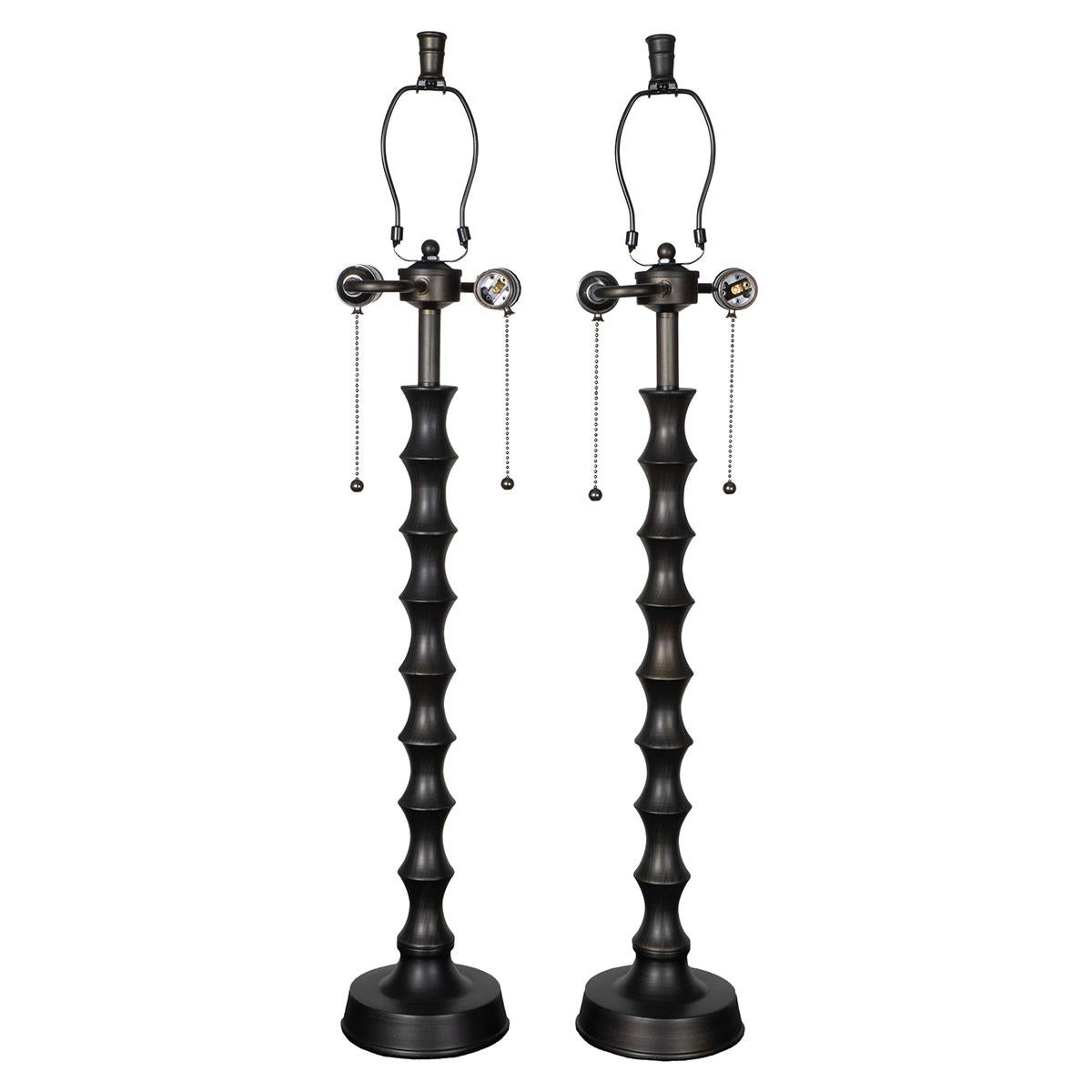 Pair of dark bronze finish, turned metal faux bamboo table lamps.