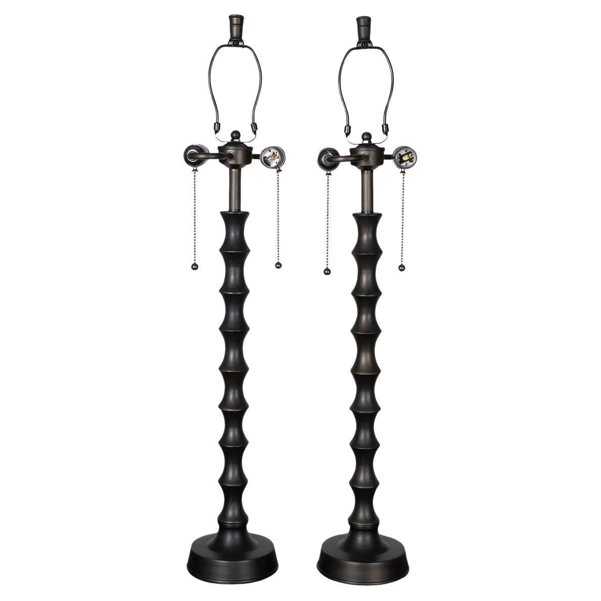 Pair of bronze finish faux bamboo table lamps For Sale