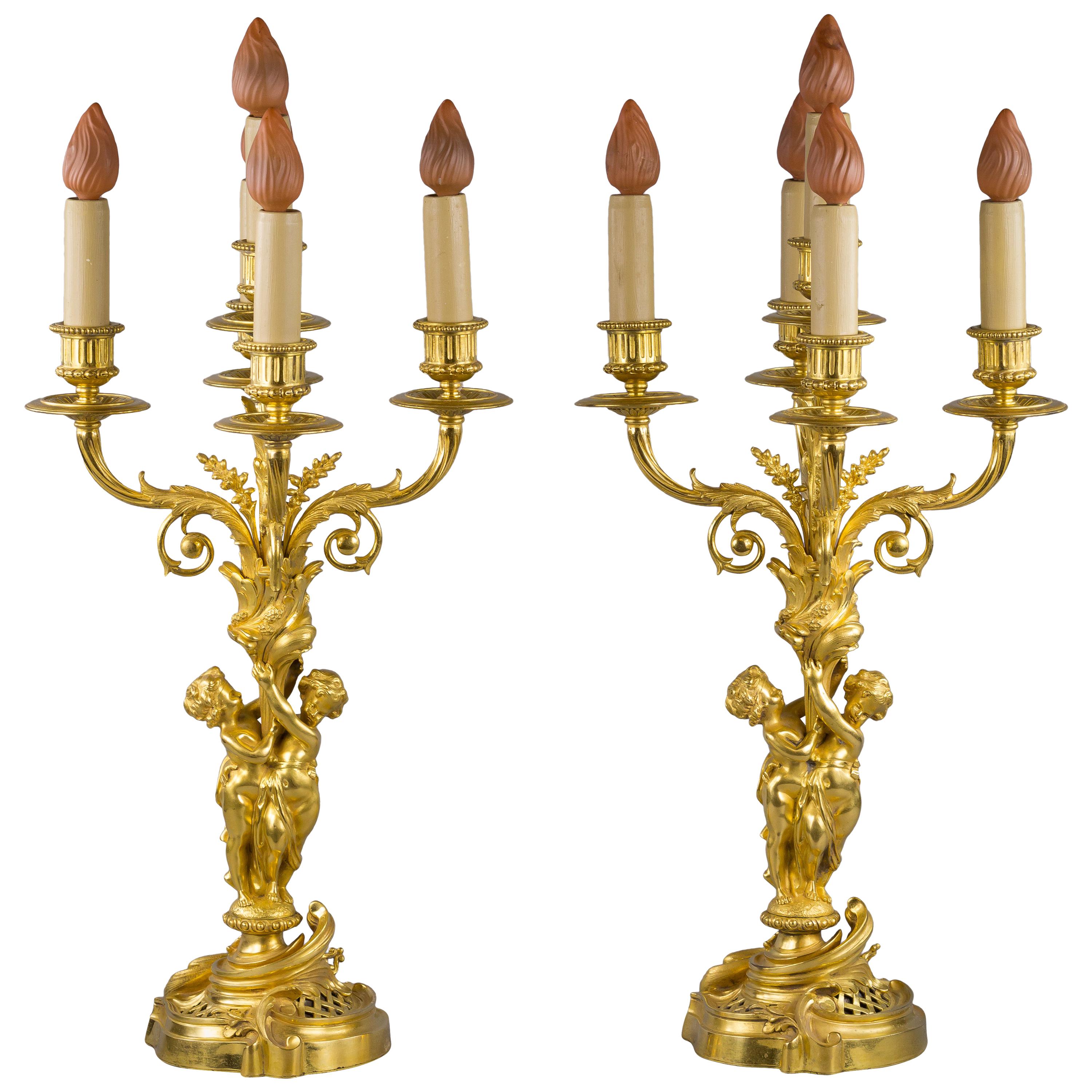 Pair of Bronze Five-Light Figural Candelabra, E.F. Caldwell and Co., circa 1900 For Sale