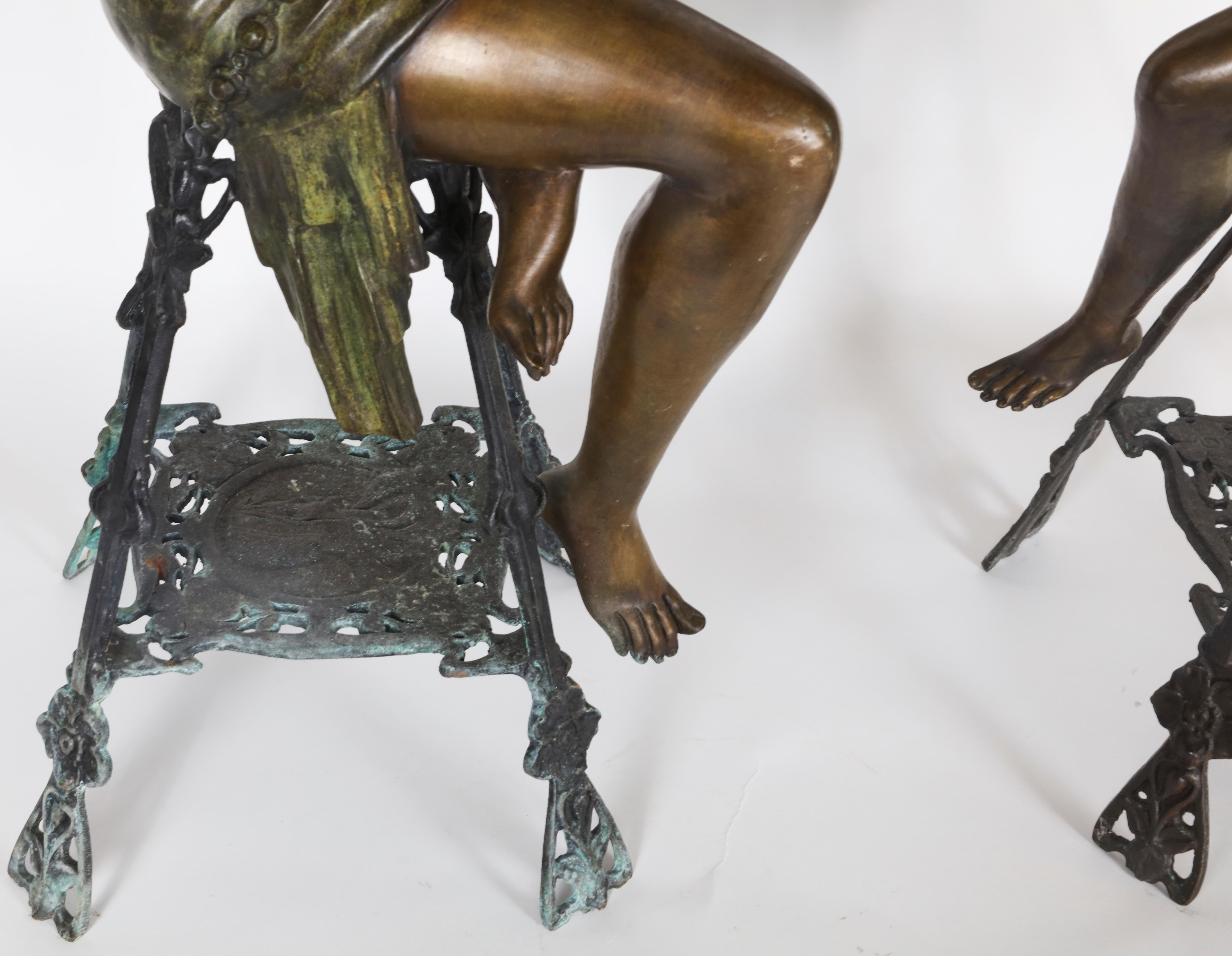 Pair of Bronze Flapper Girls on Pedestals by Ferdinado De Luca 1