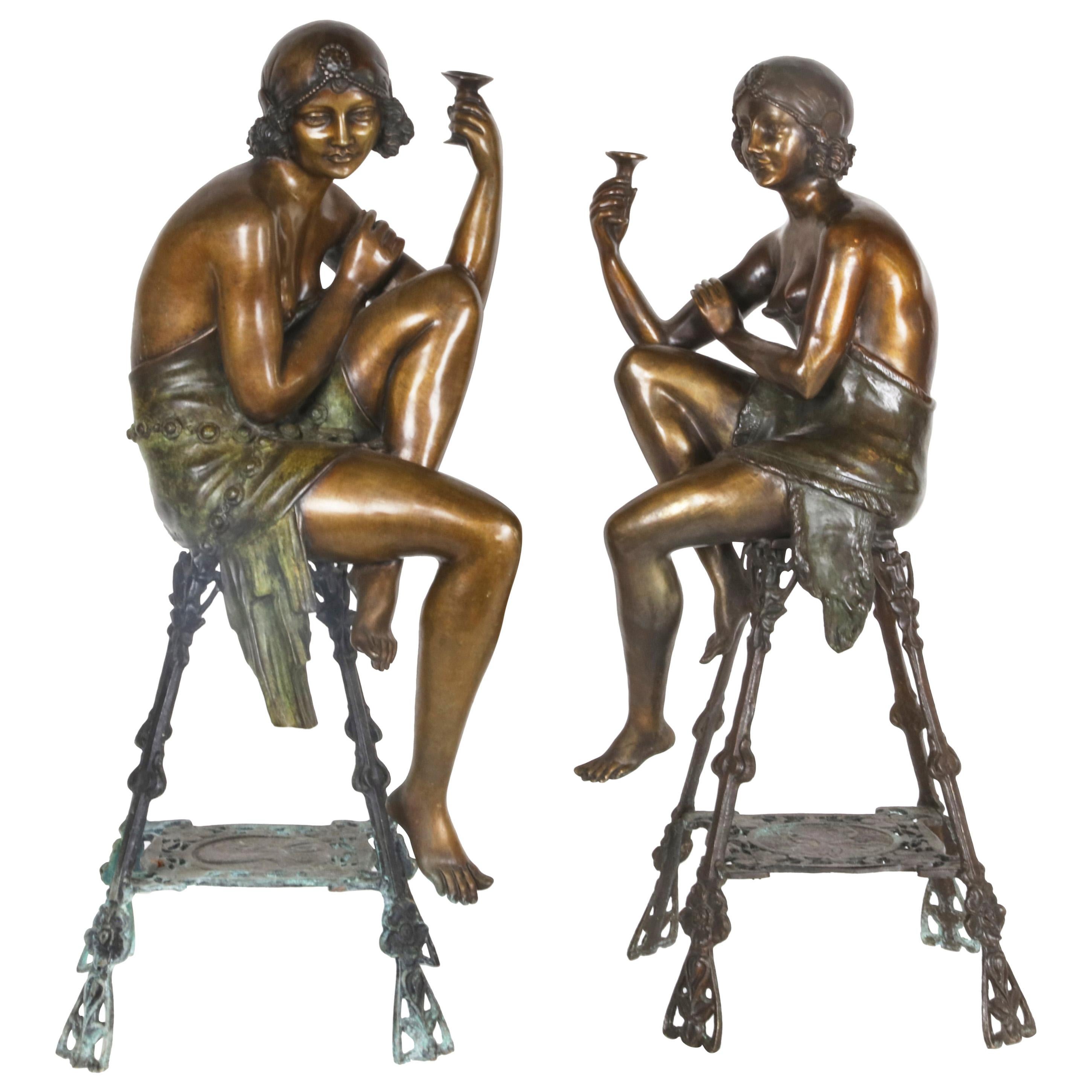 Pair of Bronze Flapper Girls on Pedestals by Ferdinado De Luca