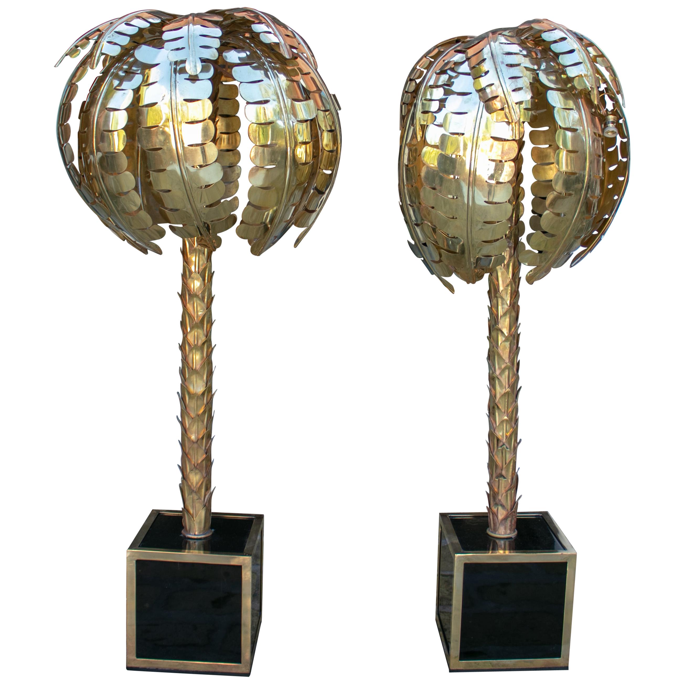 Paire de lampadaires ou lampes de bureau en bronze en forme de palmier et base carrée