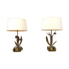 Paar Blumen-Tischlampen aus Bronze, 1970er-Jahre