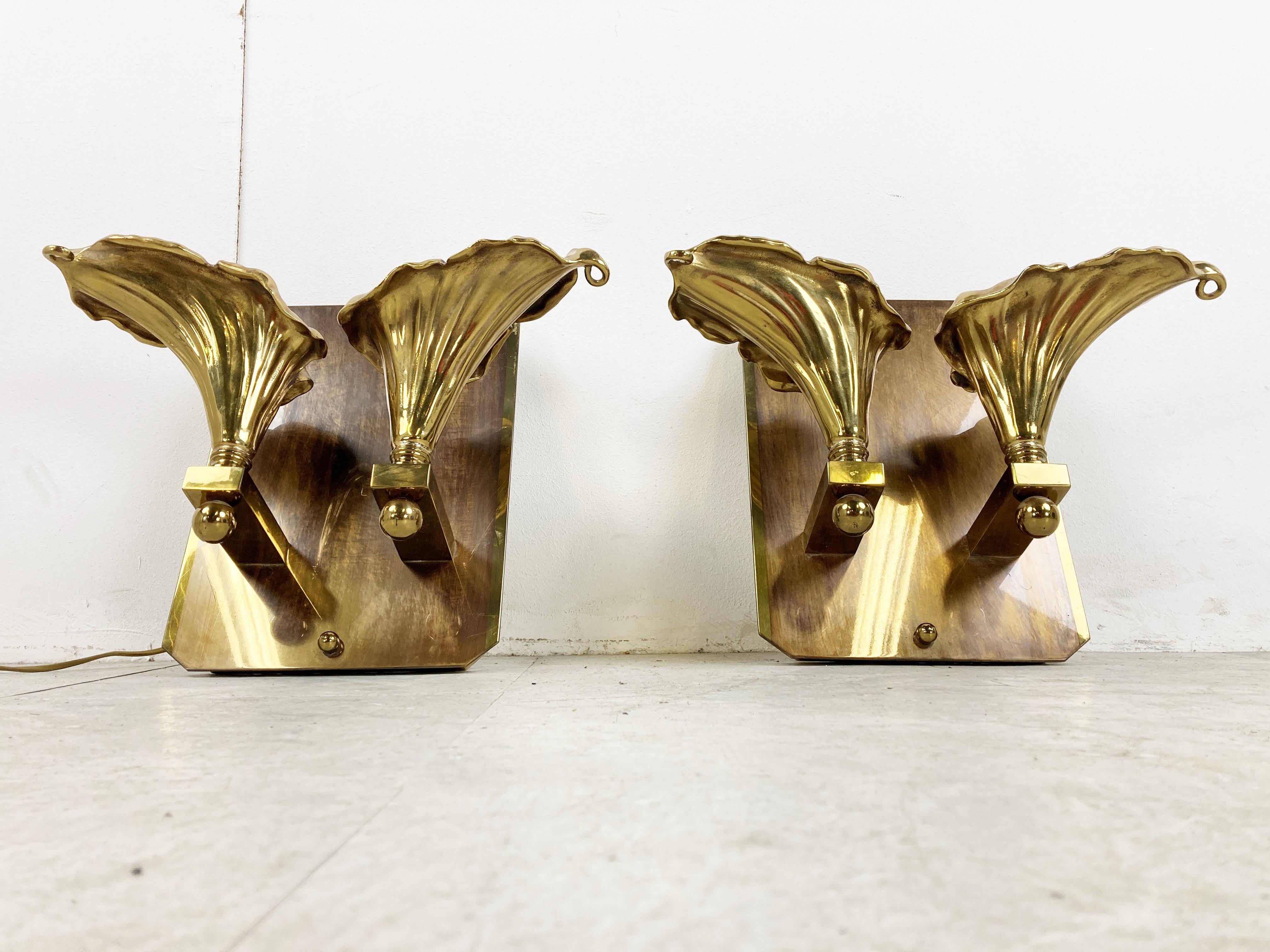 Belgian Pair of Bronze Flower Wall Lamps, 1970s For Sale