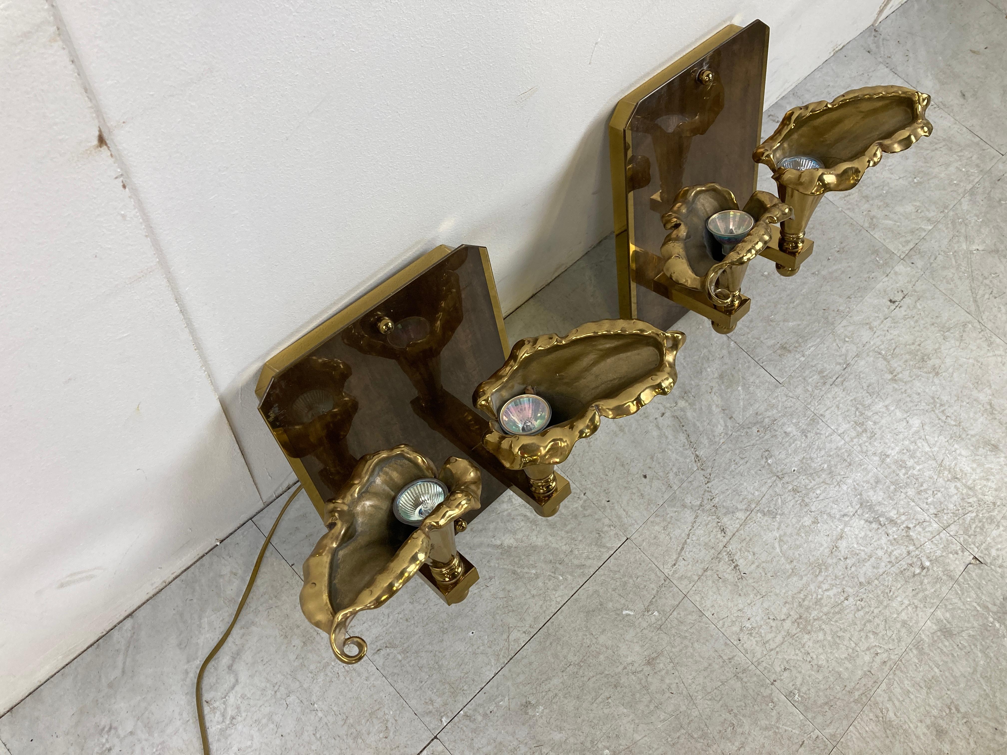 Brass Pair of Bronze Flower Wall Lamps, 1970s For Sale