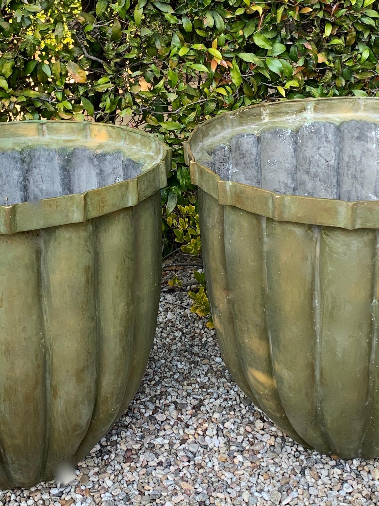 Patinated Pair of Bronze Fluted Planters