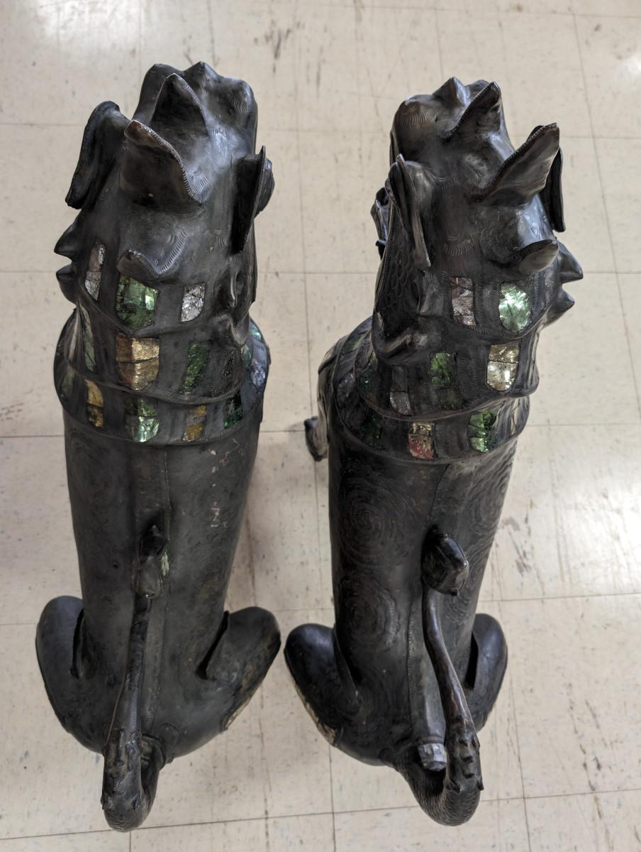 Pair of Bronze Foo Dog Statues For Sale 4