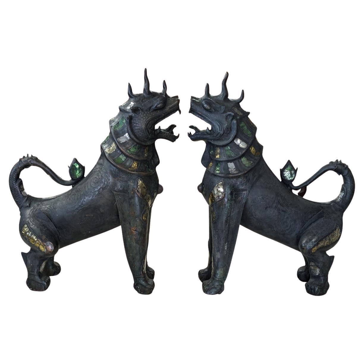 Pair of Bronze Foo Dog Statues For Sale