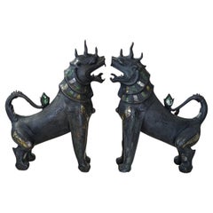 Paire de statues de chien Foo en bronze