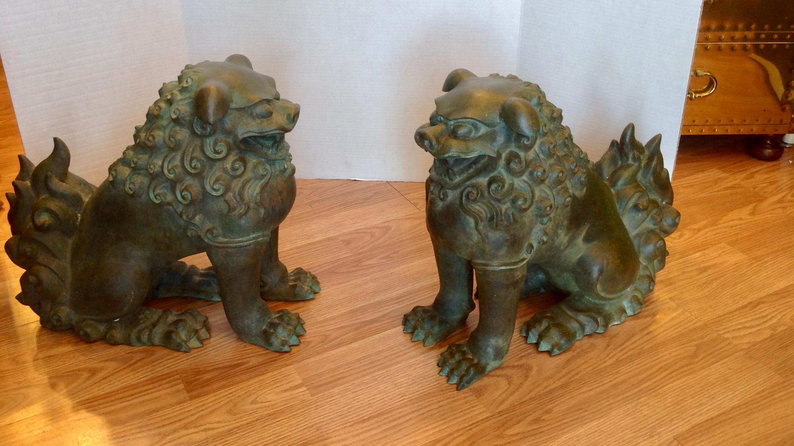 Late 20th Century Pair of Bronze Foo Dogs