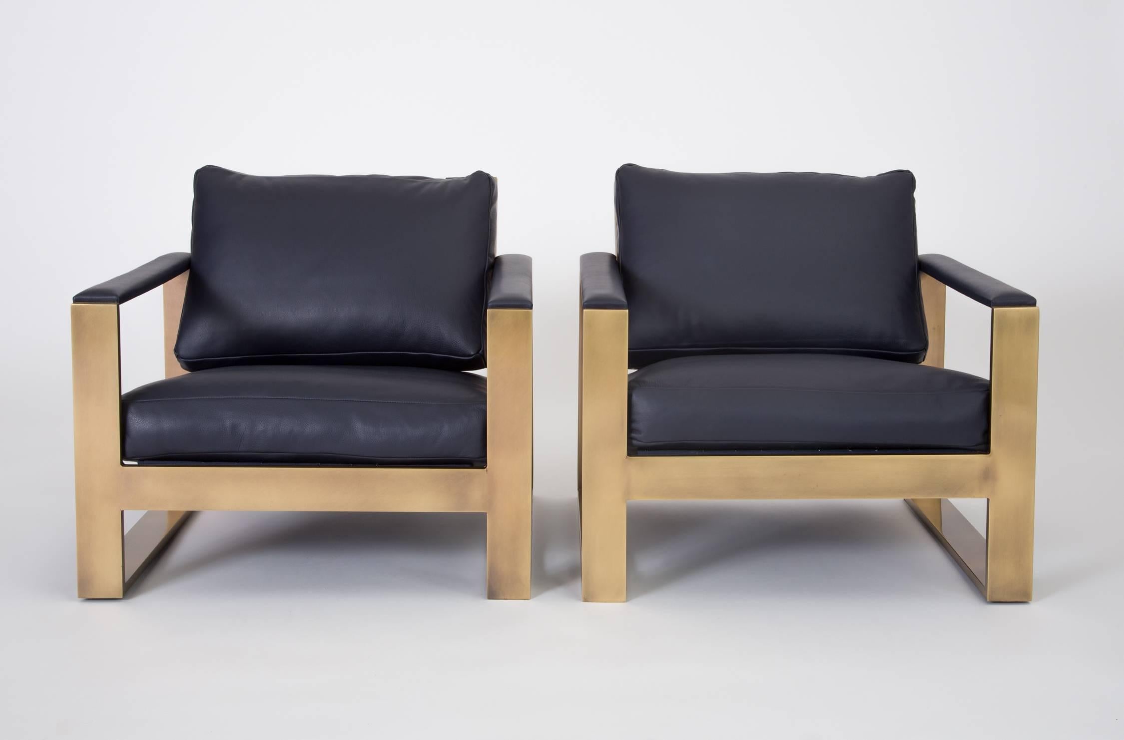 Mid-Century Modern Pair of Bronze Frame Lounge Chairs by Milo Baughman