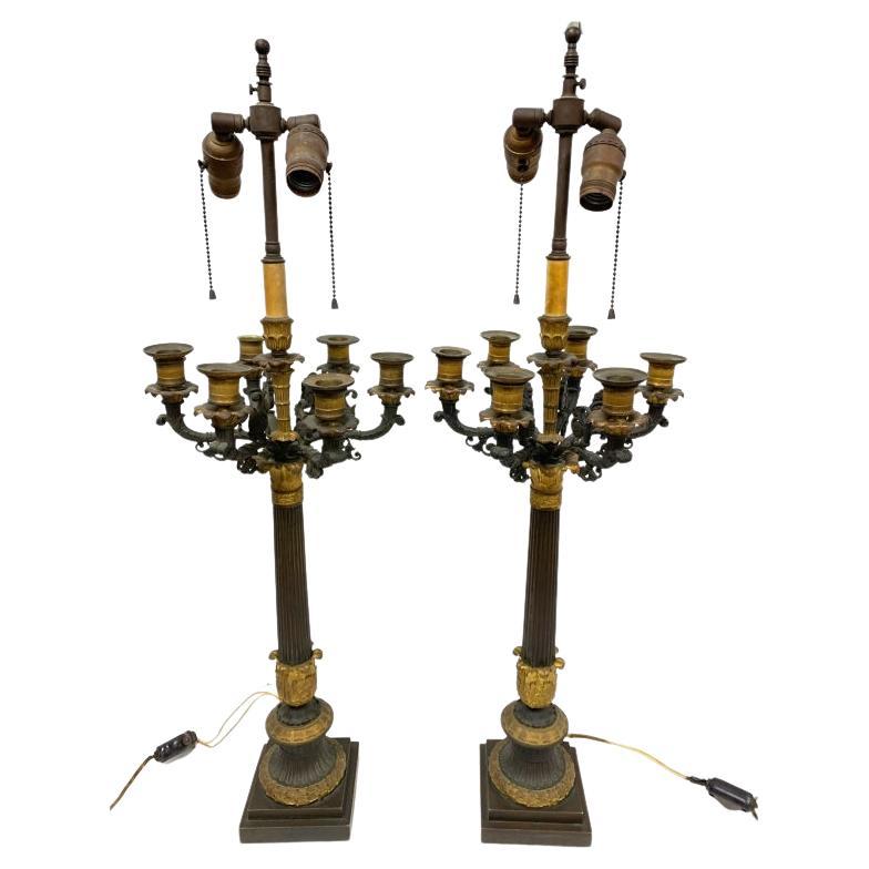 Coppia di lampade a candelabro in bronzo in stile impero francese/ Restauro