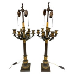 Pair Of Bronze French Empire Style Candelabra Lamps/ Restoration