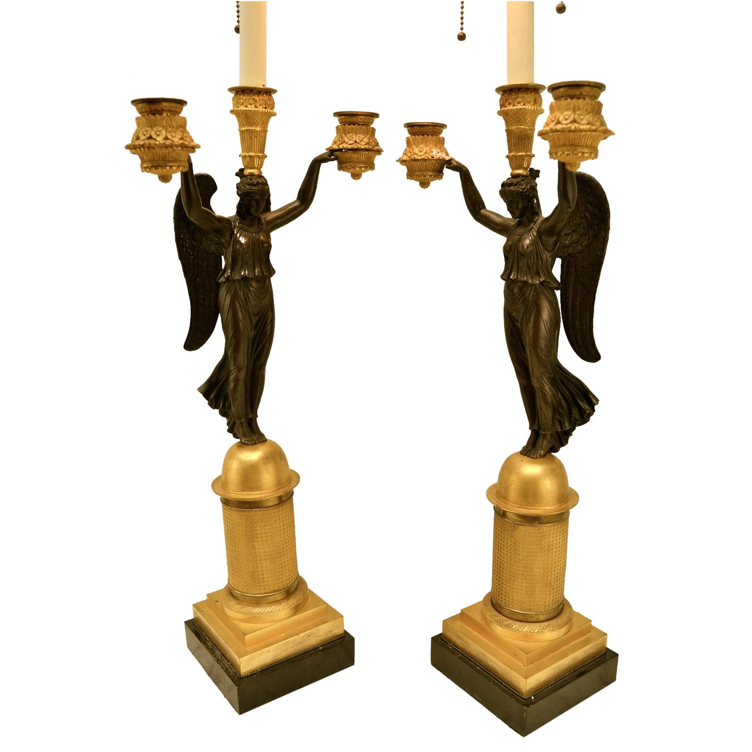 Gilt Pair of Bronze French Empire Victory Candelabra Lamps