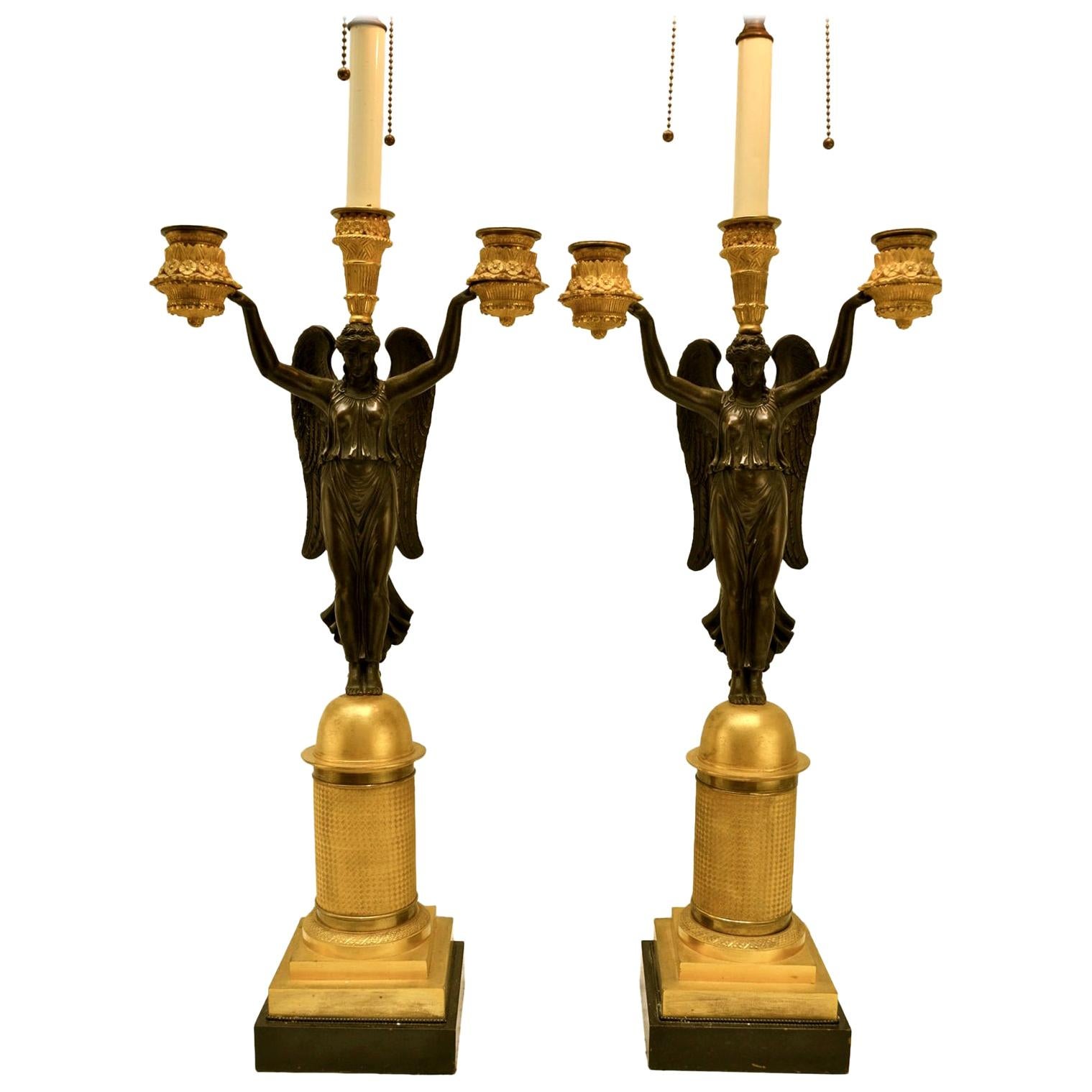 Pair of Bronze French Empire Victory Candelabra Lamps