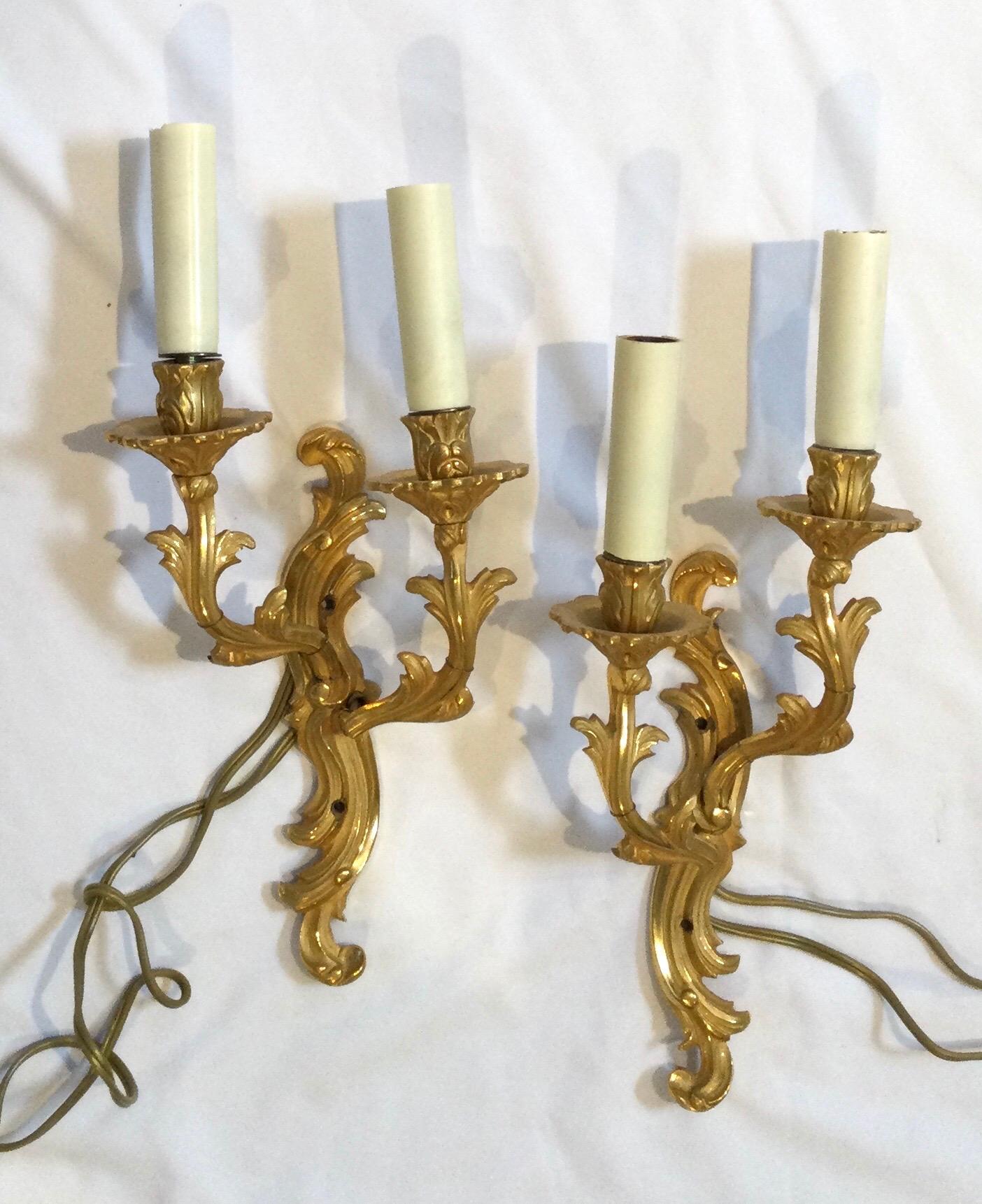 European Pair of Bronze French Style Two-Light Wall Sconces For Sale