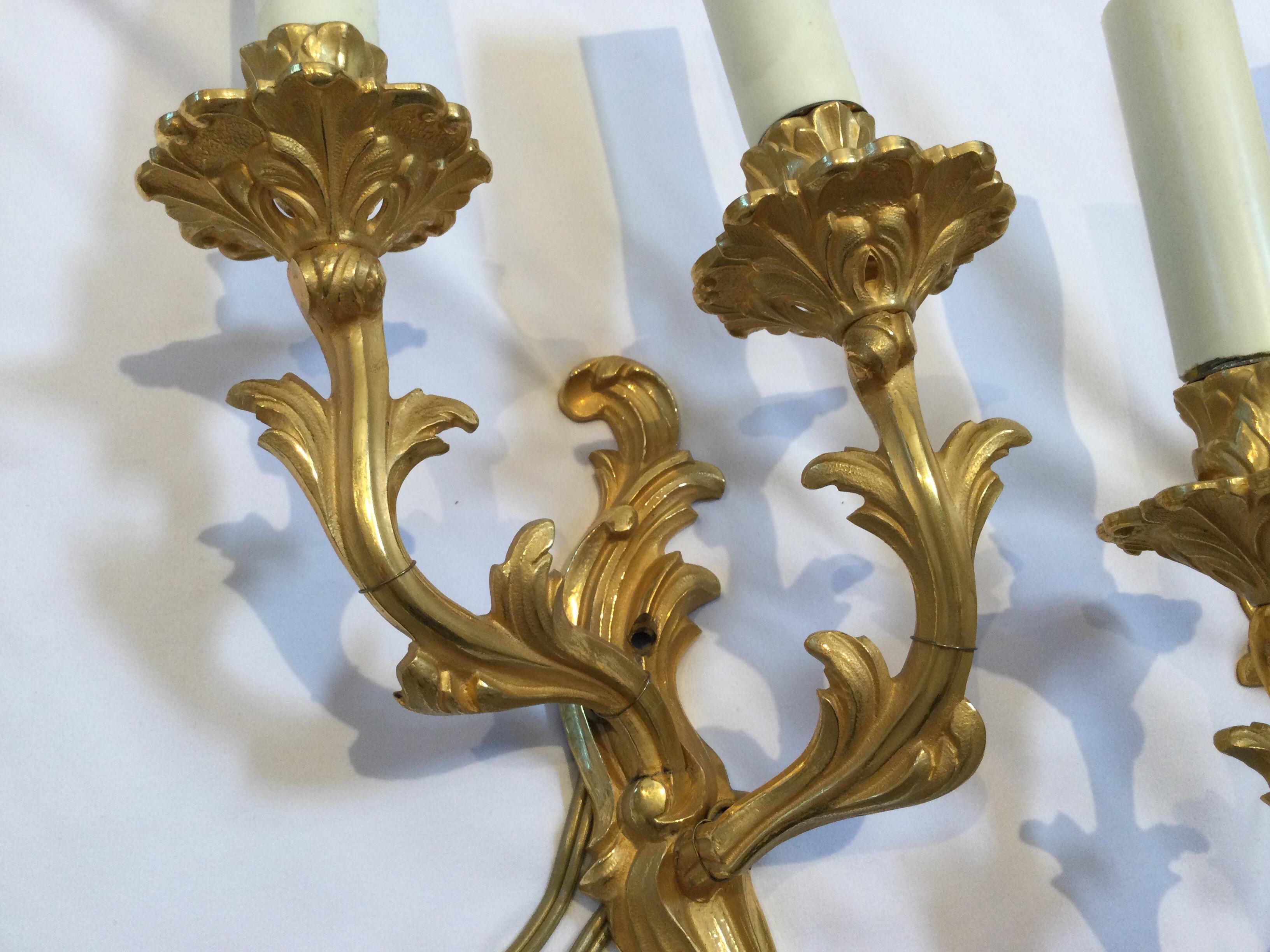 20th Century Pair of Bronze French Style Two-Light Wall Sconces For Sale