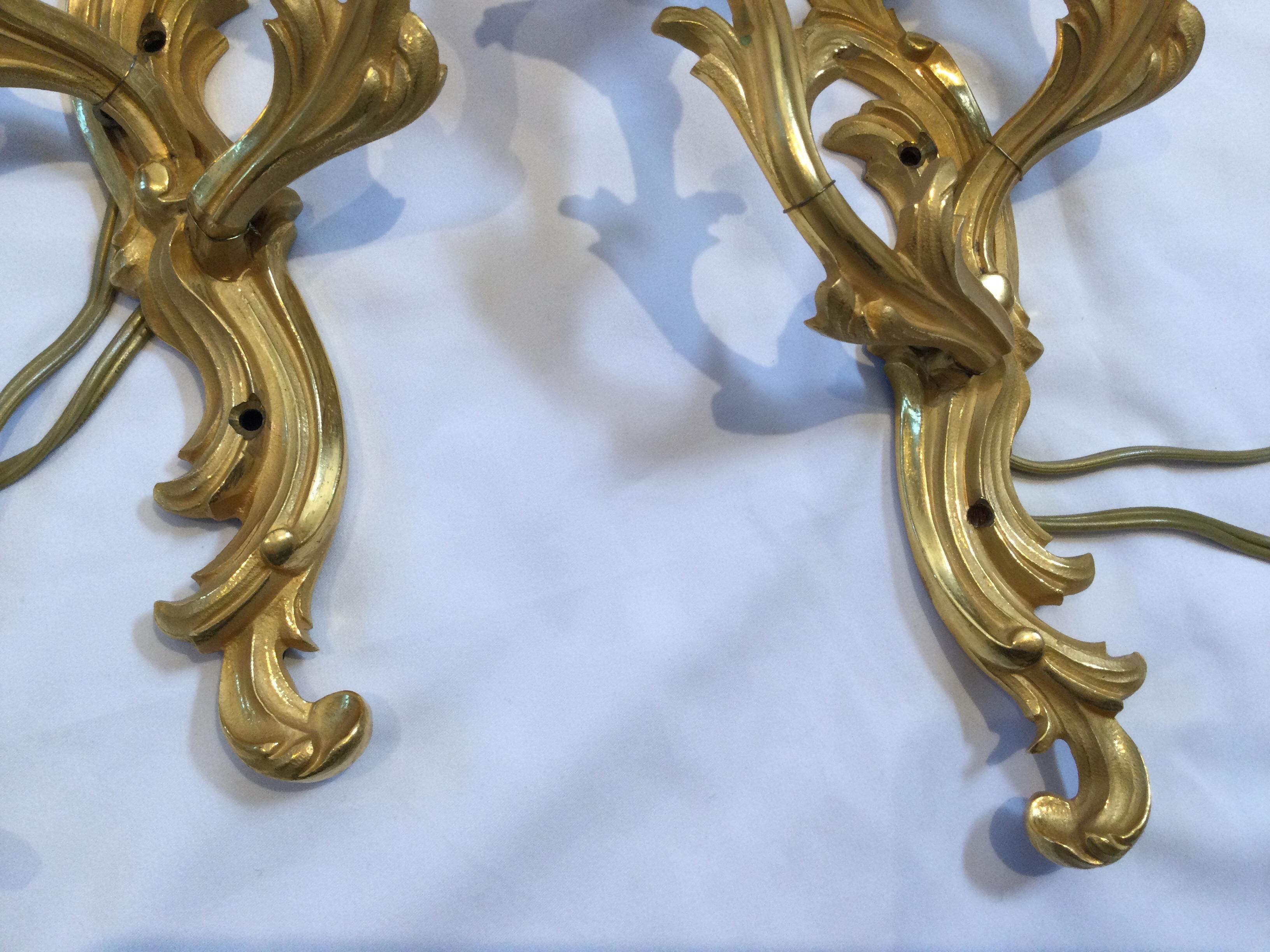 Pair of Bronze French Style Two-Light Wall Sconces For Sale 1
