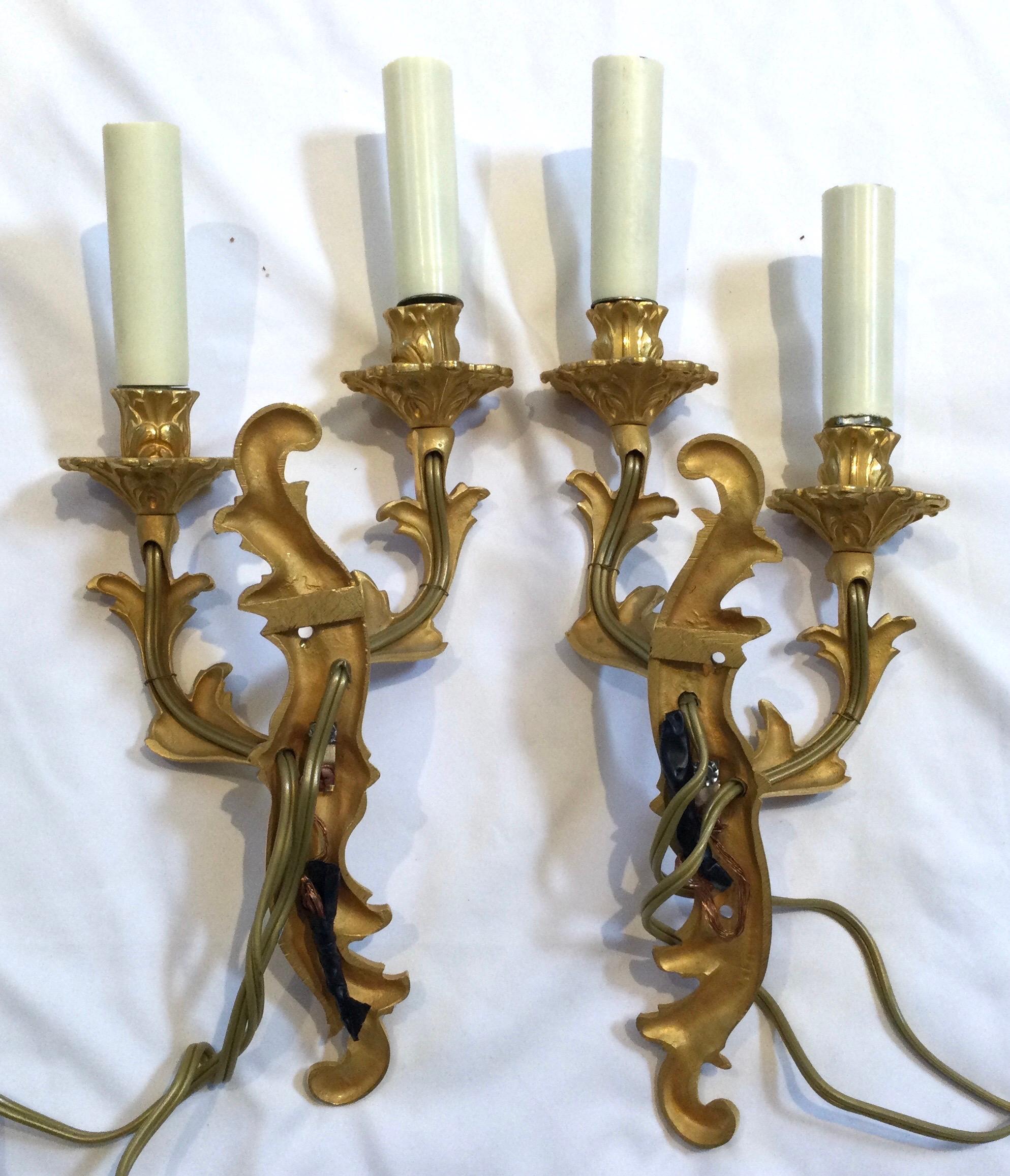 Pair of Bronze French Style Two-Light Wall Sconces For Sale 2