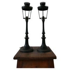 Vintage Pair of Bronze French Table Lamps in the Form of Street Lanterns