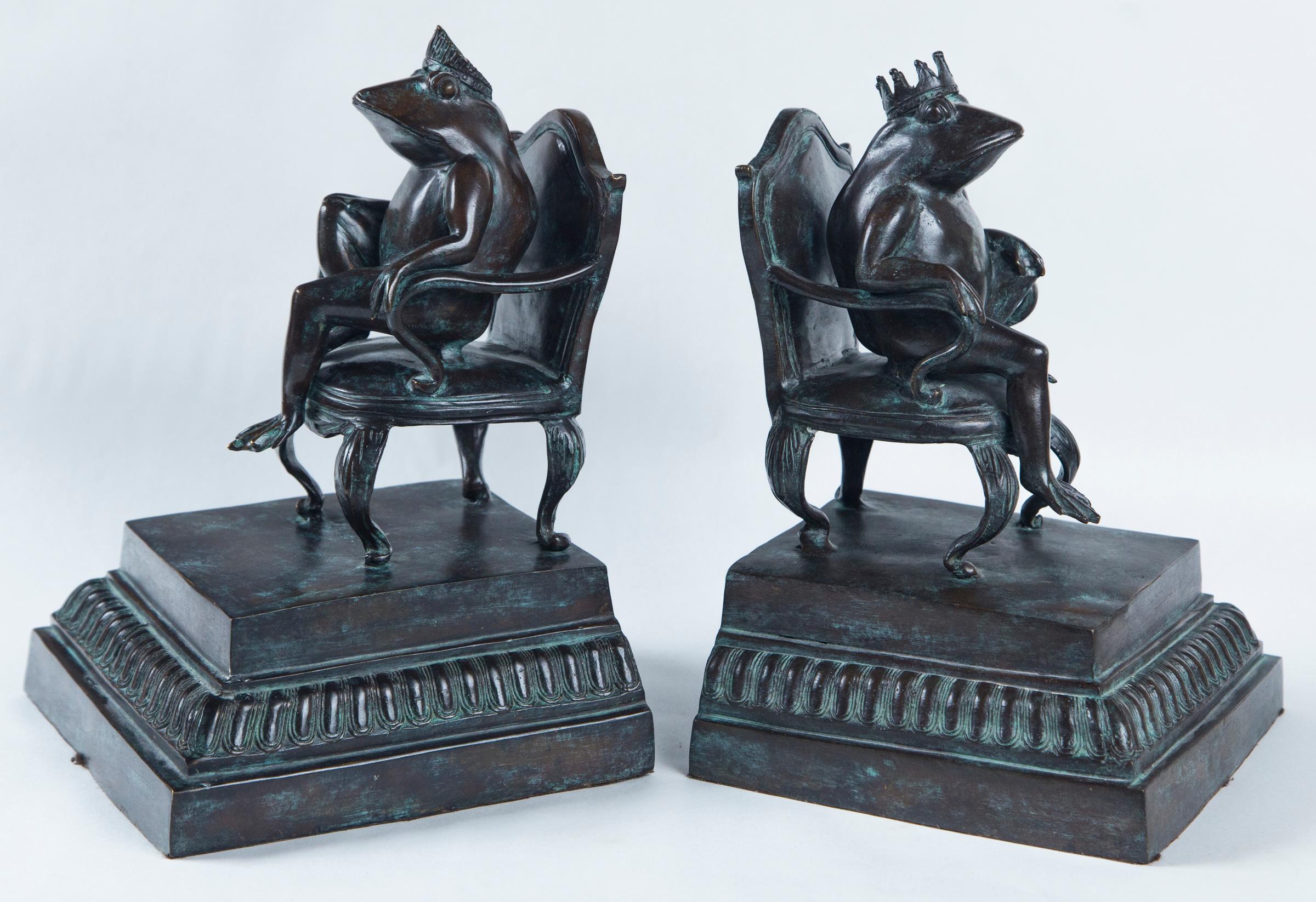 Cast Pair of Bronze Frog Bookends